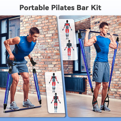 Hommie Portable Pilates Bar Kit with Resistance Bands for Men and Women，Upgraded 3 Section Pilates Bar with Resistance Bands (20/40/60lb) for Home Gym Equipment Supports Full-Body Workouts