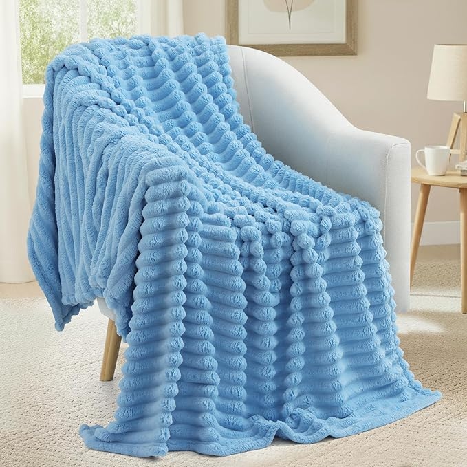 decorUhome Soft Fleece Blue Throw Blanket for Couch, Cozy Fluffy Plush Flannel Striped Blanket for Sofa Bed, Lightweight Decorative Ribbed Fuzzy Blanket for Woman, 50x60 Inches