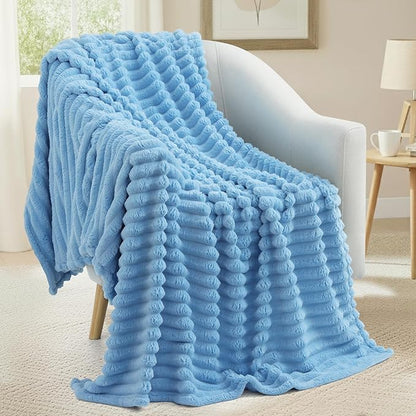 decorUhome Soft Fleece Blue Throw Blanket for Couch, Cozy Fluffy Plush Flannel Striped Blanket for Sofa Bed, Lightweight Decorative Ribbed Fuzzy Blanket for Woman, 50x60 Inches