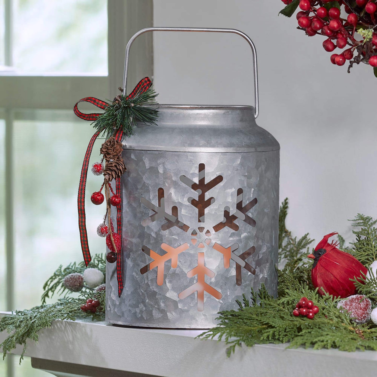 Snowflake Silver Tone 7 x 5 Galvanized Iron Holiday LED Pillar Candle Lantern