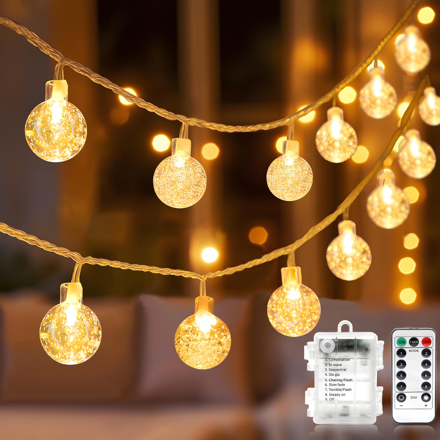 Metaku Globe String Lights Fairy Battery Operated 26ft 60LED with Remote Waterproof Indoor Outdoor Hanging Decorative Christmas for Home Party Patio Garden Wedding