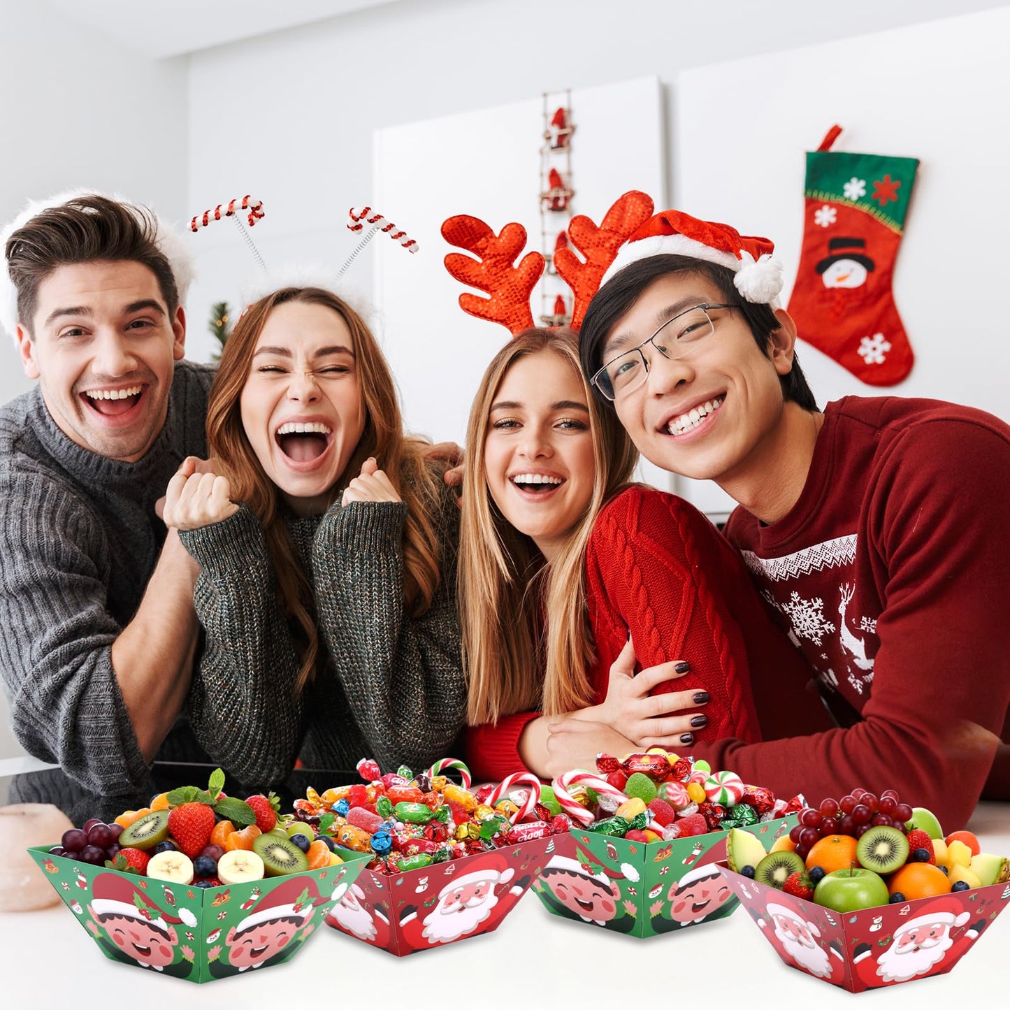 Marspark 12 Pcs Christmas Popcorn Bowls Disposable Treat Snack Boxes Popcorn Candy Cookie Tray Containers for Winter Christmas Party Supplies