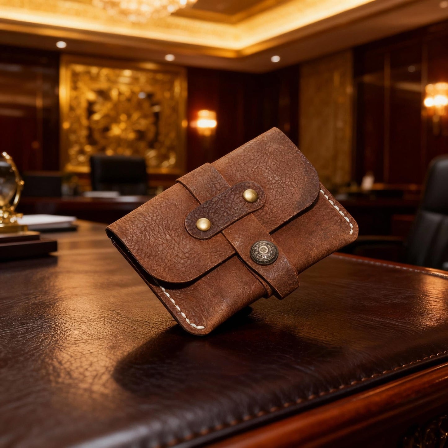 JingRongDa Handmade Vintage Cowhide Leather Card Holder Wallet, Retro Brown Leather Card Case with Snap Closur (Light brown)