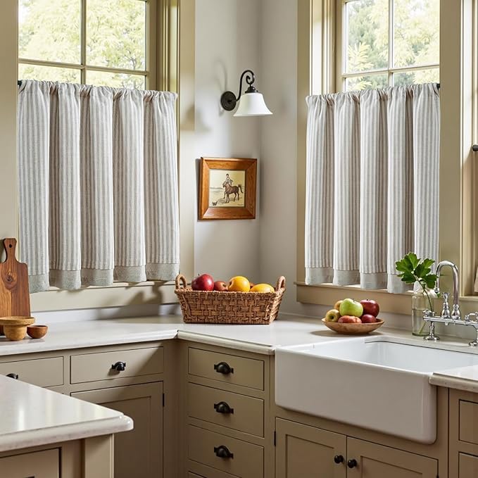 jinchan Double Layer Striped Linen Kitchen Tier Curtain Rustic Cafe for Living Room Bathroom Half Window Curtain Light Filtering Rod Pocket 1 Panel 36 Inch Taupe Grey