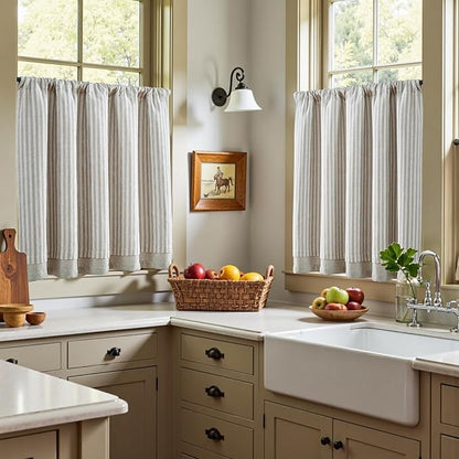 jinchan Double Layer Striped Linen Kitchen Tier Curtain Rustic Cafe for Living Room Bathroom Half Window Curtain Light Filtering Rod Pocket 1 Panel 36 Inch Taupe Grey