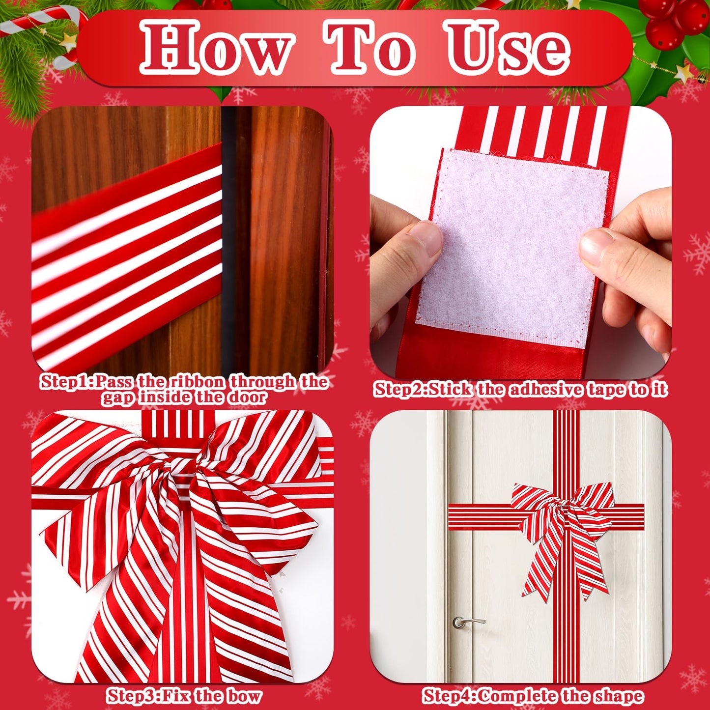 2 Pcs Christmas Cabinet Door Ribbon Bow Large Christmas Wreath Bow Red and White Stripe Festival Wrapping Decorations Xmas Candy Cane Bows for Tree Fireplace Home Holiday Front Door Party Supplies