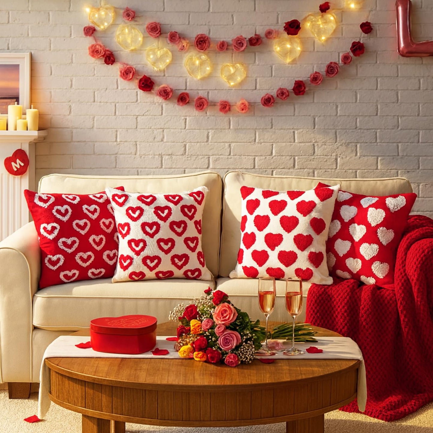 Fourluoo 4 Pcs Valentine's Day Throw Pillow Covers 18x18 Inch Soft Heart Decorative Pillowcase Plush White Red Soft Plush Pillow Covers Cushion Case Decorations for Sofa Living Room Valentine Gift