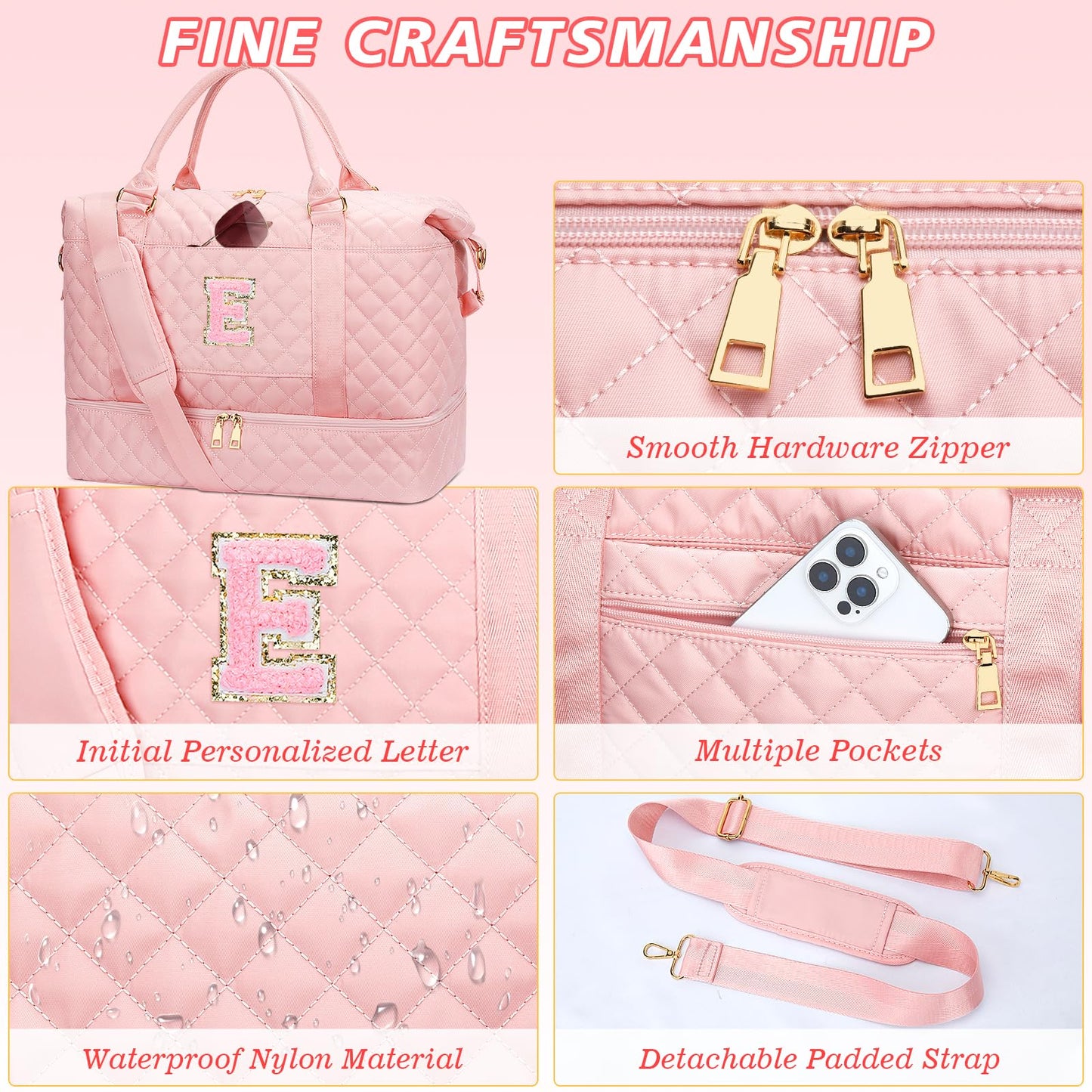 CLOUDWINGS Gifts for Women Girls Initial Travel Duffle Bag Quilted Weekender Carry-On Overnight with Cosmetic Bag, Gym Bag with Shoe Compartment Hospital Bag for Labor Delivery, Pink E
