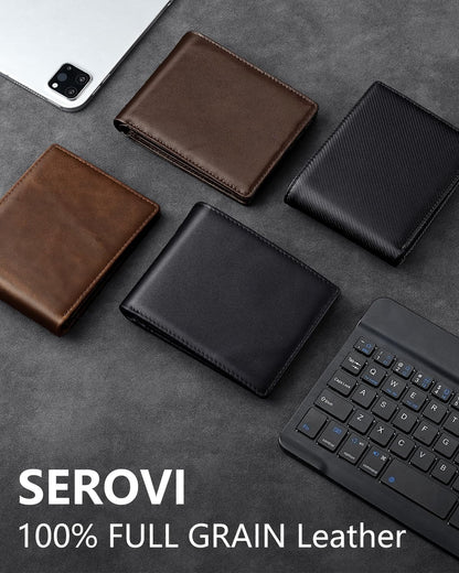 Mens Genuine Leather Bifold RFID Blocking Wallet with 14 Card Slots, ID Window & 2 Cash Pocket - Includes Gift Box