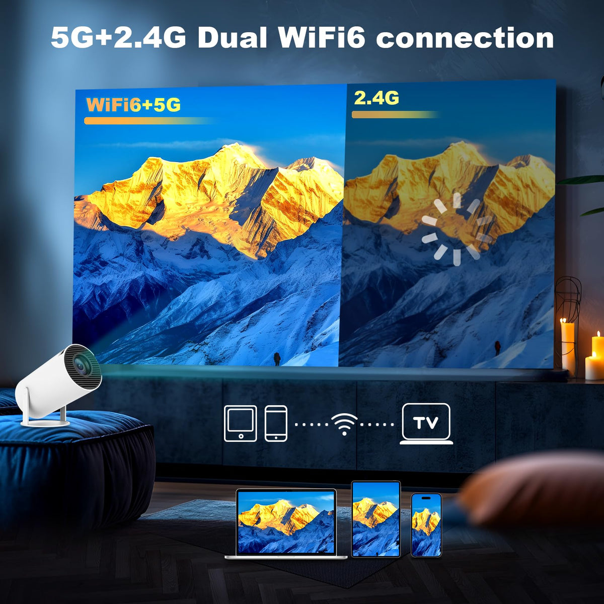 Mini Projector, HY300 PRO Portable Projector, Support 4K 1080P with Dual-Band WIFI6 5G Wireless 5.2 Bluetooth Android 11, 180° Rotatable, Auto Keystone Correction, 35"-130" Screen Video Projector