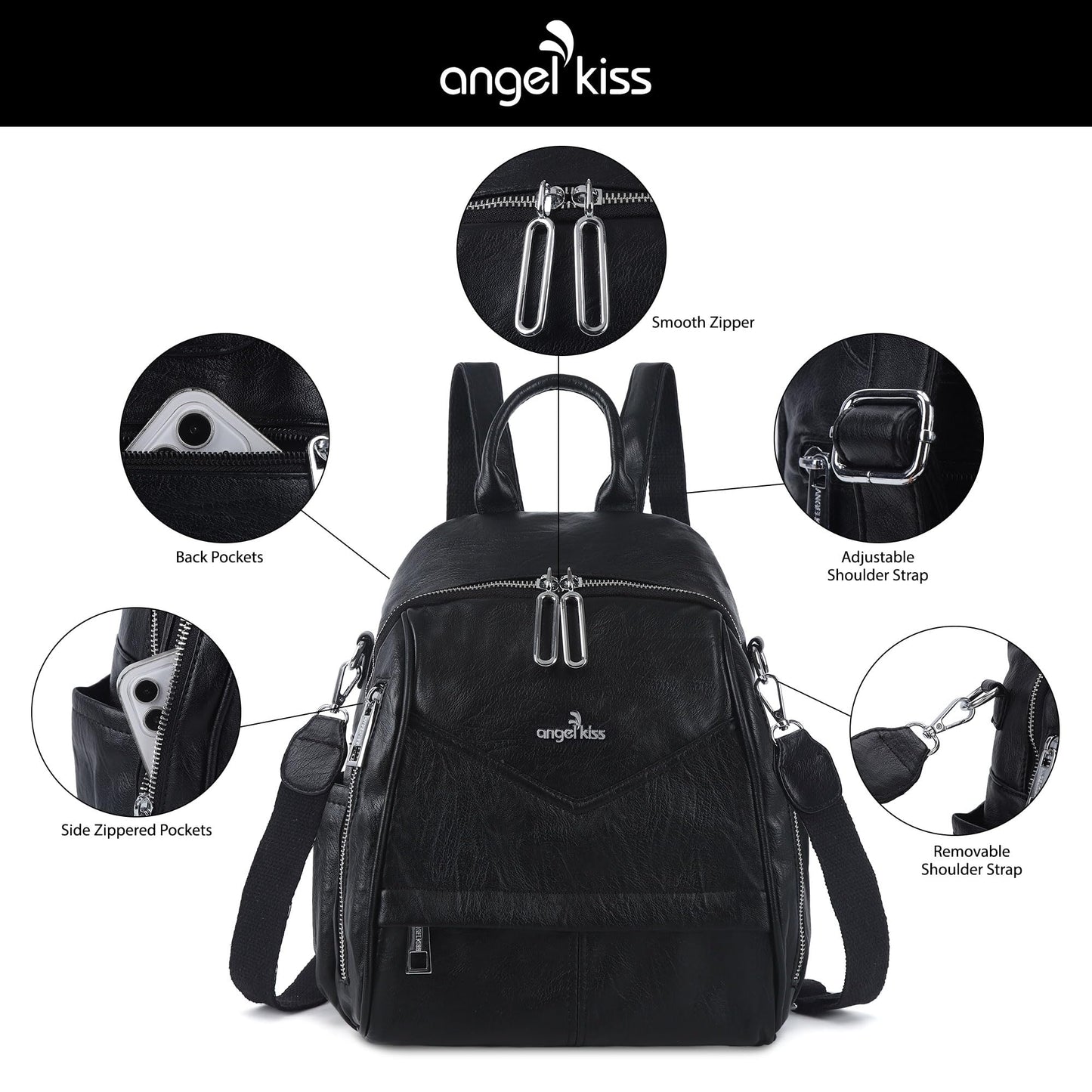 Angel Kiss Small Backpack Purse for Women,Soft Vegan Leather Roomy Backpacks,Designer Ladies Shoulder Backpack Fashion Handbag with Removable Strap,Black