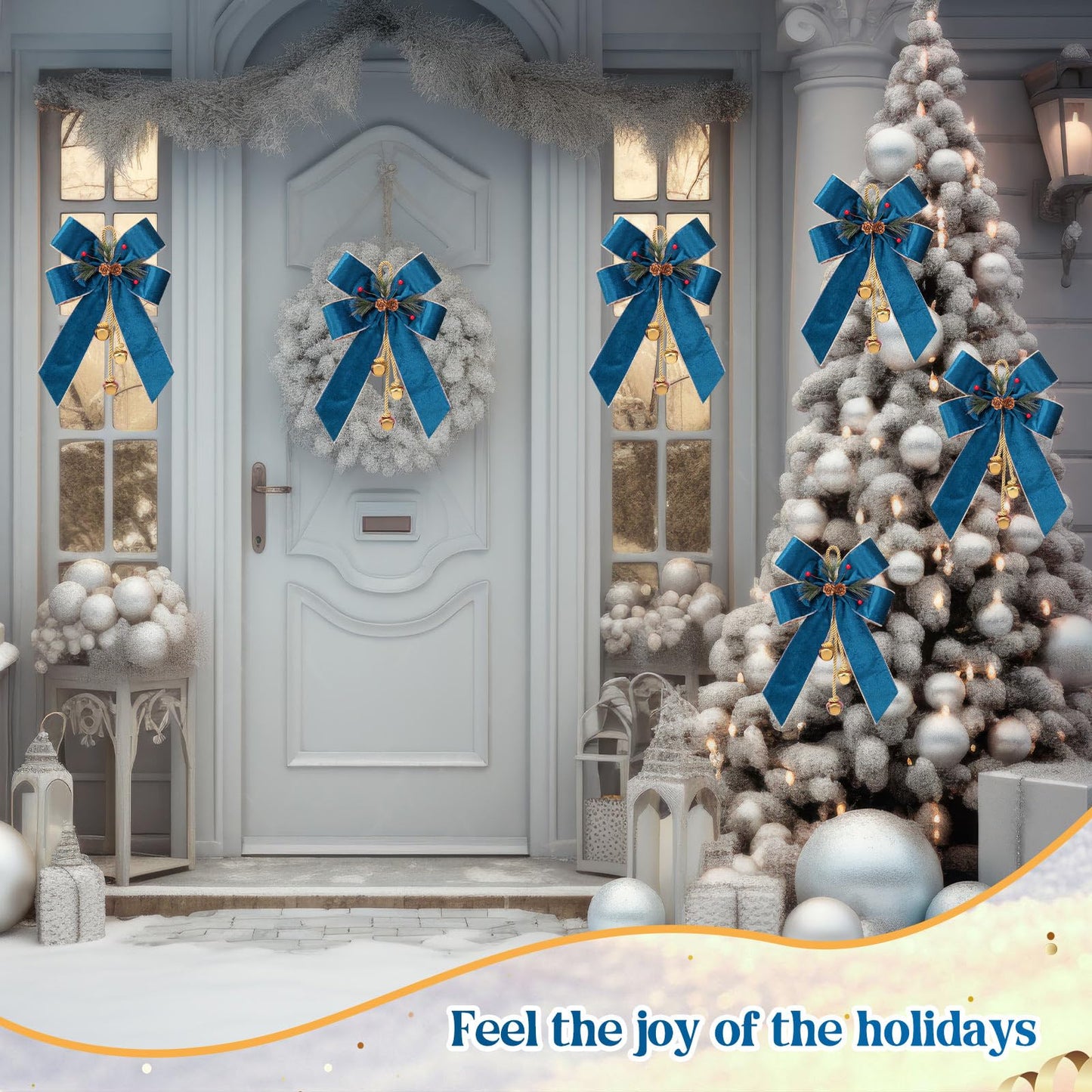 Yinkin 4 Pcs Christmas Tree Wreath Bow Christmas Ribbon Bows with Bells 11 x 7.8 in Velvet Pine Cone Bowknot Xmas Tree Hanging Ornaments Decor for Home Xmas Party Outdoor Indoor (Lake Blue)