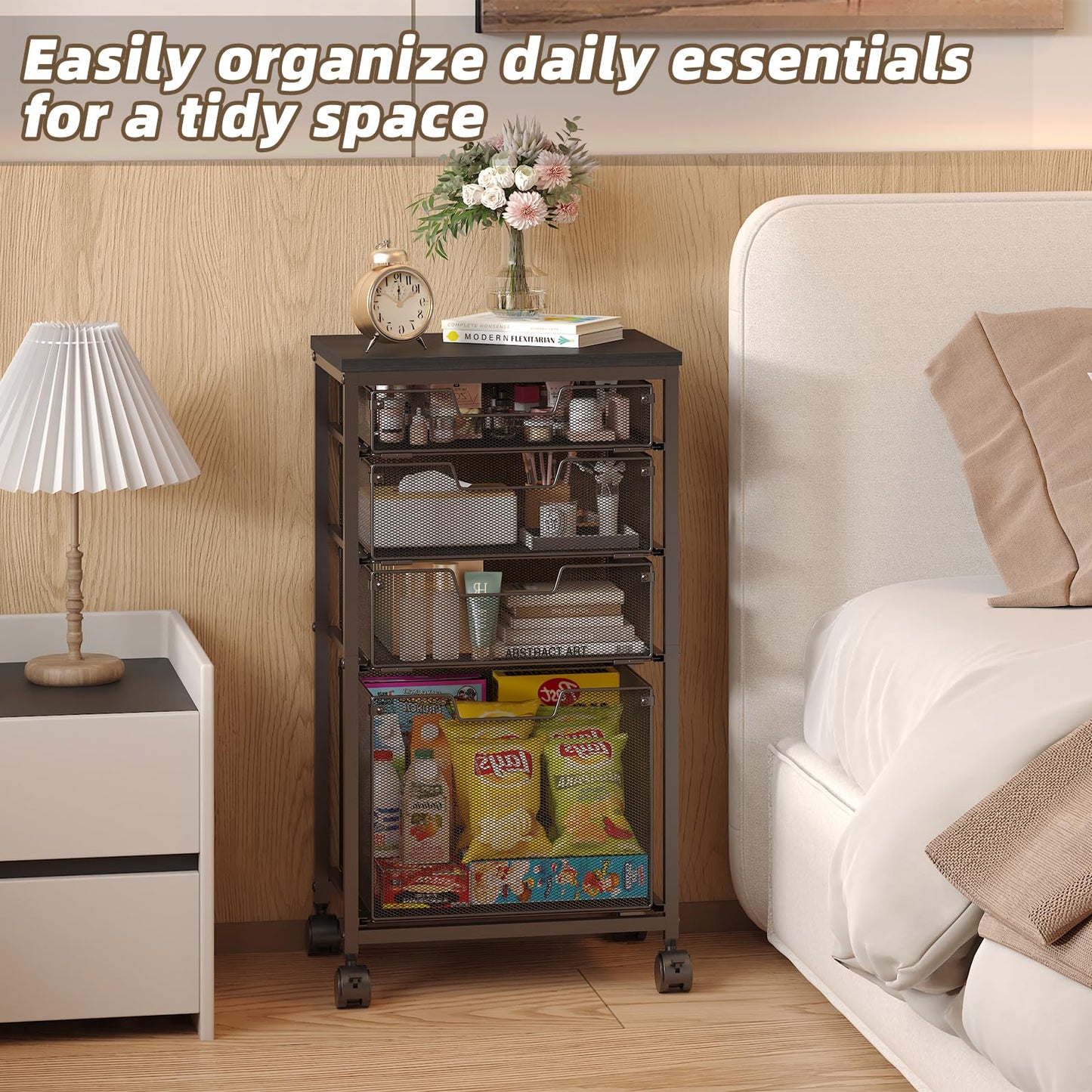 Sbanmao 3 Drawers Rolling Storage Cart, Utility Cart with Wooden Tabletop, Rolling Storage Drawer Cart with Lockable Wheels, Storage Craft Cart for Bedroom, Bedroom, Office, Black