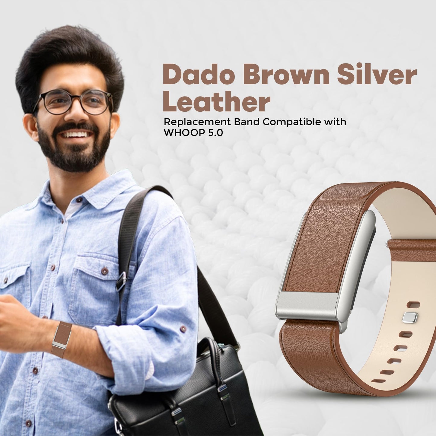 DADO Luxe Tapered Leather Replacement Band Compatible with WHOOP 5.0, One, Peak, and Life Fitness Tracker – Durable & Comfortable | Not for Whoop Gen 4 (Brown Silver, One/Peak)