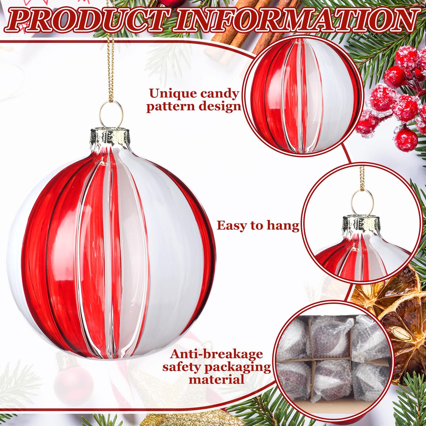 Motionchic 6 Pcs Christmas Candy Balls Ornament Glass Christmas Tree Decorations Red and White Striped Peppermint Hanging Xmas Decorations for Trees Party Wedding Holiday, 3 Styles