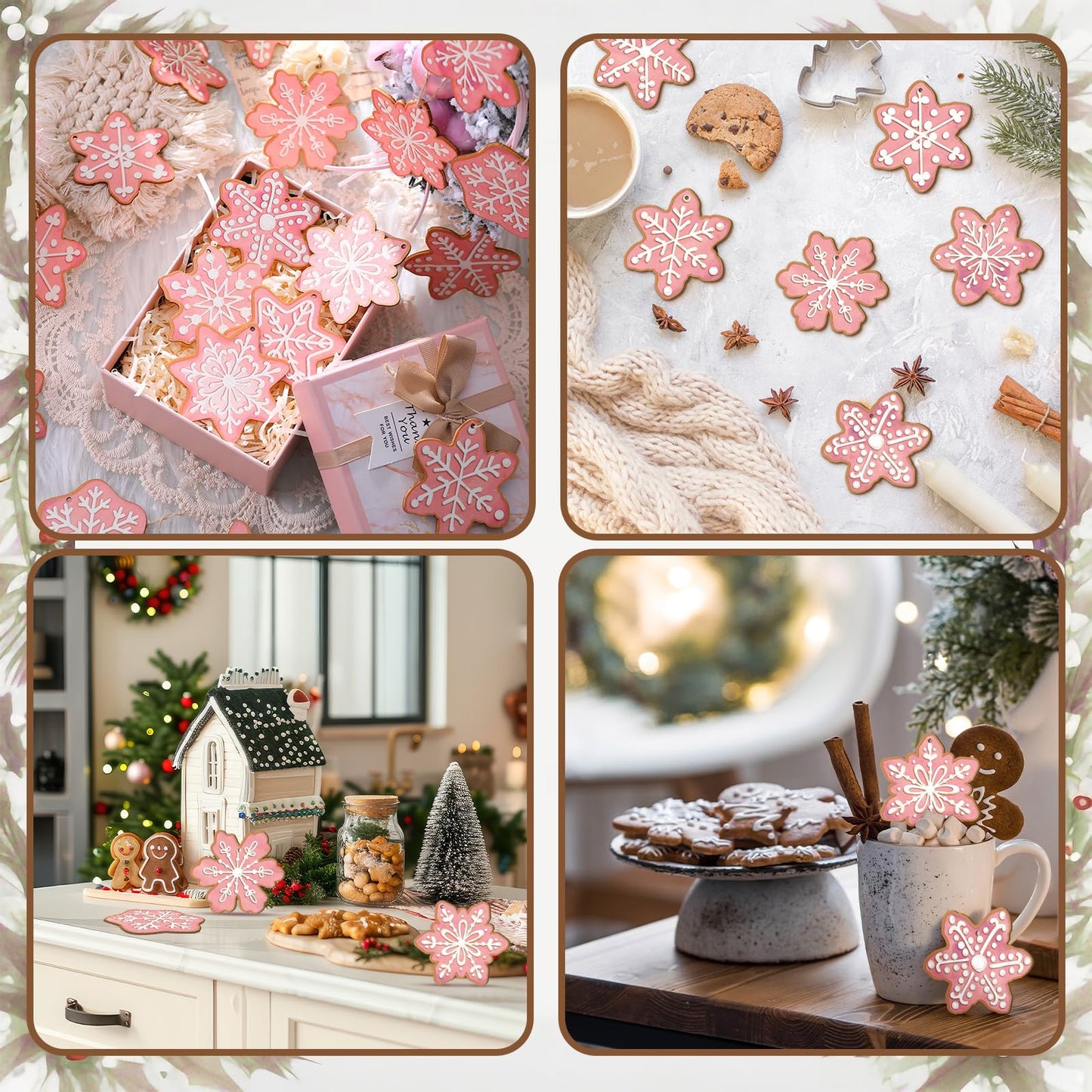 Quzzil 36 Pcs Christmas Gingerbread Ornaments for Tree Mini Snowflake Wooden Hanging Winter Xmas Ornaments with Ropes for Christmas Party Holiday Winter Crafts(Pink,36 Pcs,Snowflake)
