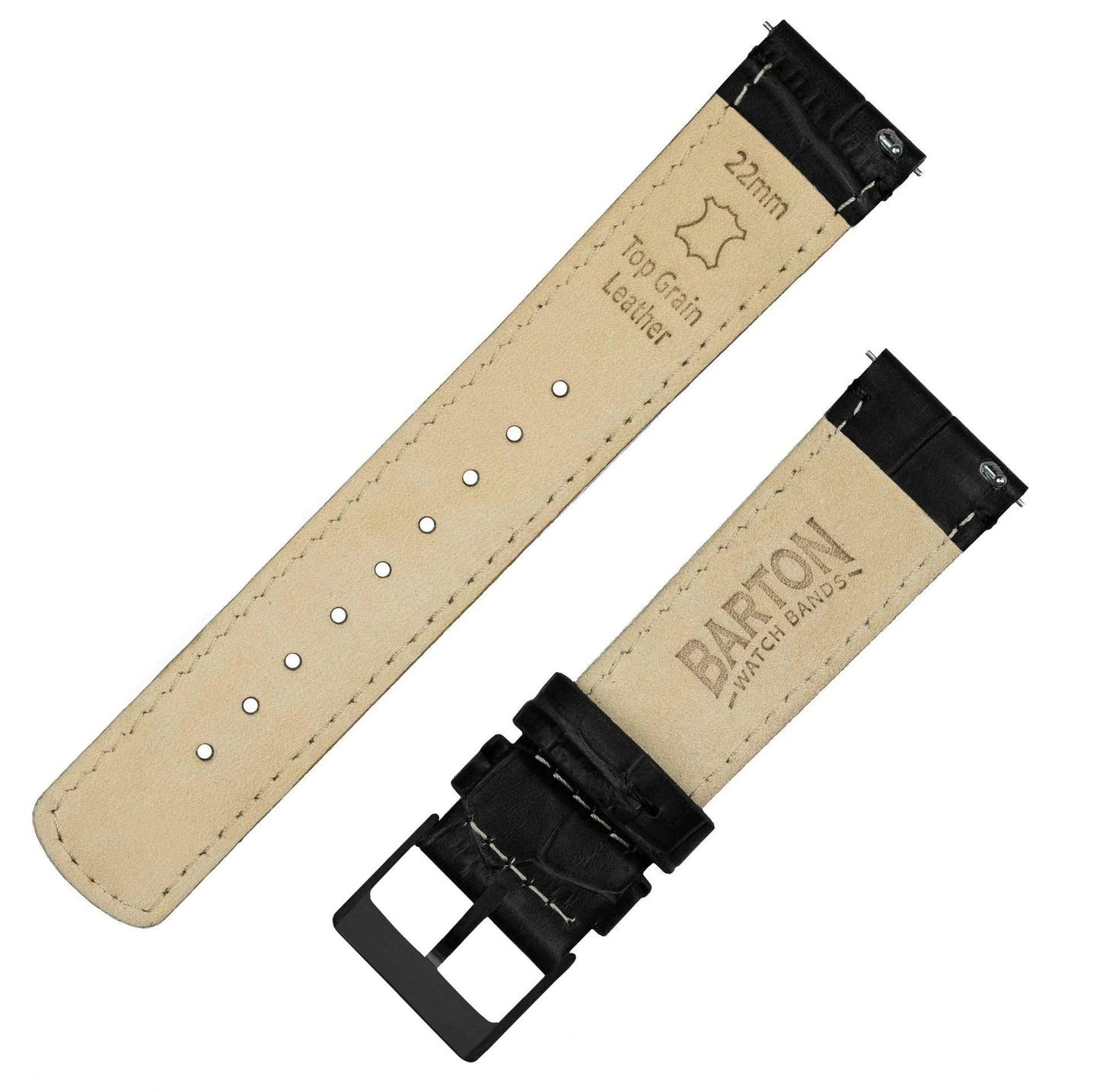 BARTON WATCH BANDS 16mm Black - Alligator Grain - Black Buckle Quick Release Leather Watch Bands