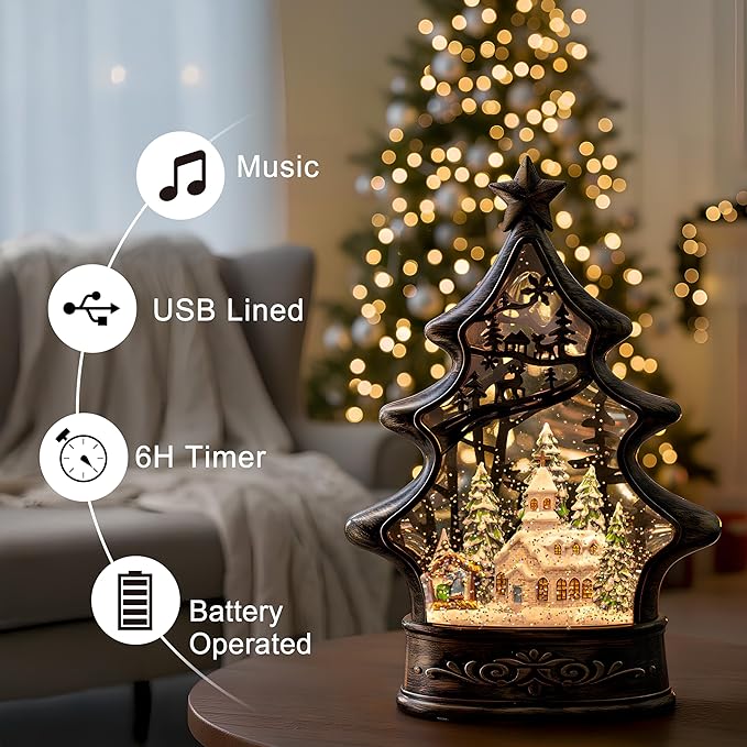 Christmas Snow Globe Lantern Water Glittering Church & Manger Scene with Music & Timer, USB Lined/Battery Operated Lighted Lantern for Christmas Festival Decoration Gifts