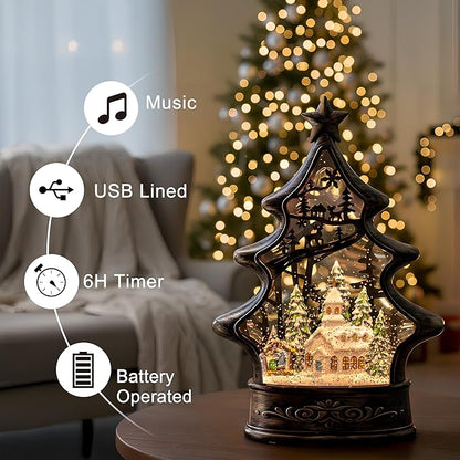Christmas Snow Globe Lantern Water Glittering Church & Manger Scene with Music & Timer, USB Lined/Battery Operated Lighted Lantern for Christmas Festival Decoration Gifts