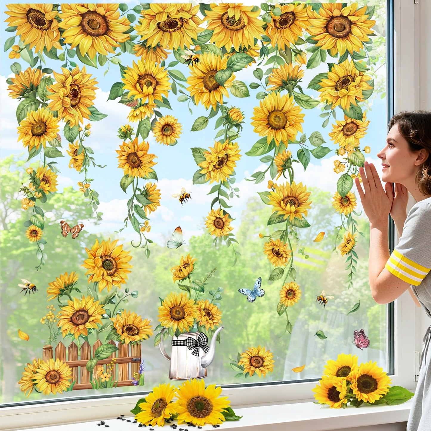 decalmile Spring Summer Sunflower Double Sided Window Clings Hanging Flower Vine Garden Flower Anti-Collision Glass Doors Window Stickers Decals