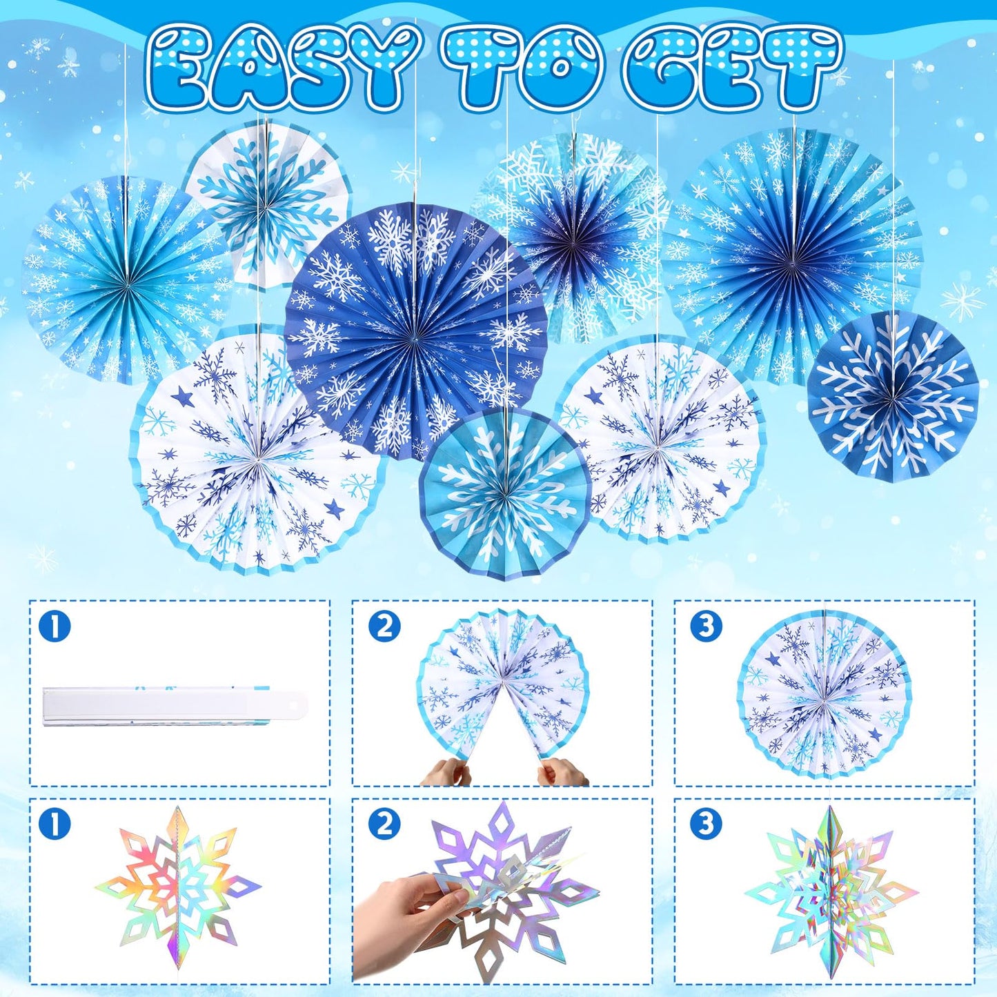 Outus 16 Pcs Snowflake Hanging Decorations Winter Paper Fans Blue Winter Paper Garland 3D Holographic Snowflakes for Xmas Wonderland Birthday Party Ceiling Wall Supplies Decoration