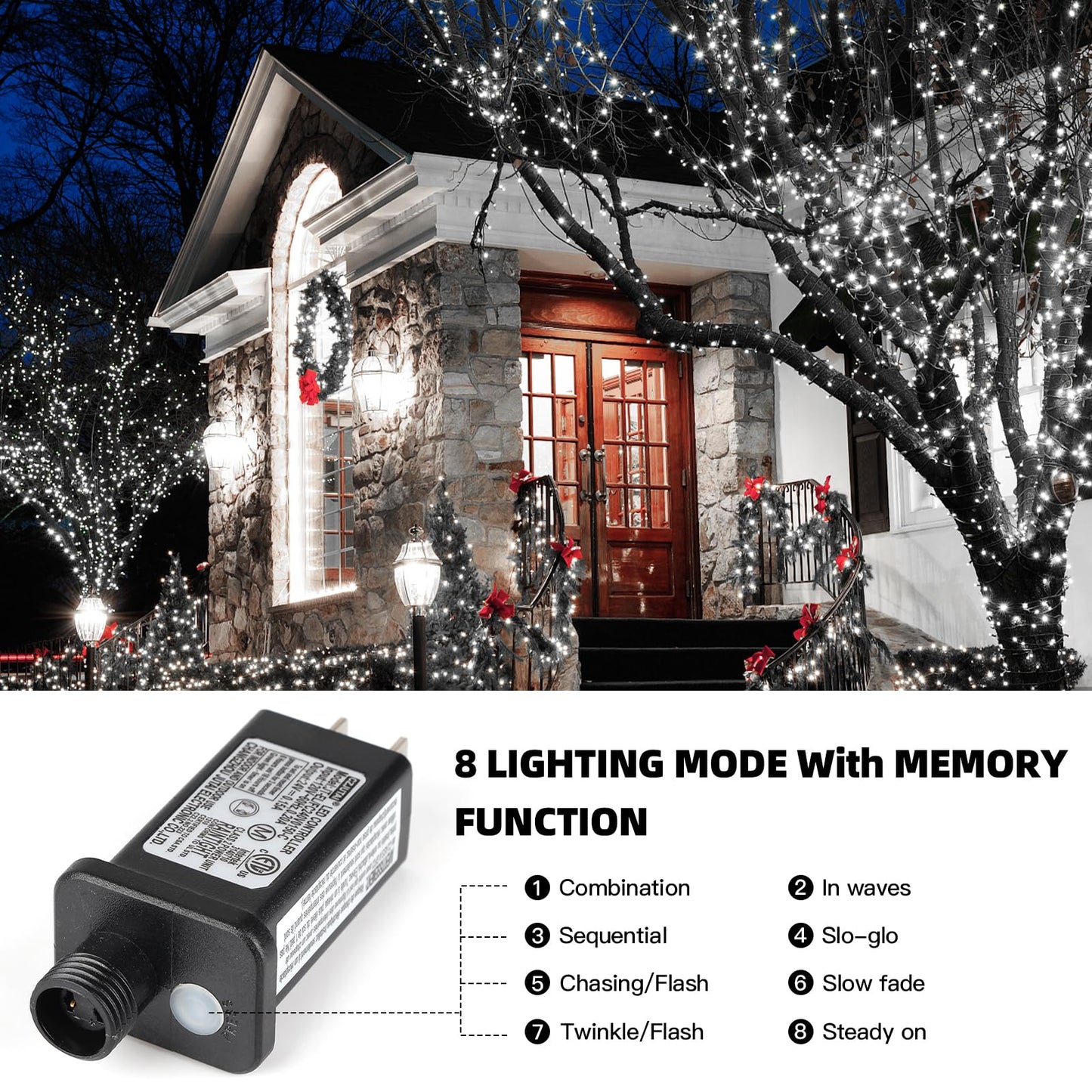 XTF2015 170FT 500 LED Christmas String Lights, Christmas Lights End-to-End Plug 8 Modes - UL Certified - Outdoor Indoor Fairy Lights for Christmas Tree, Garden, Party, Wedding, Holiday (Cool White)