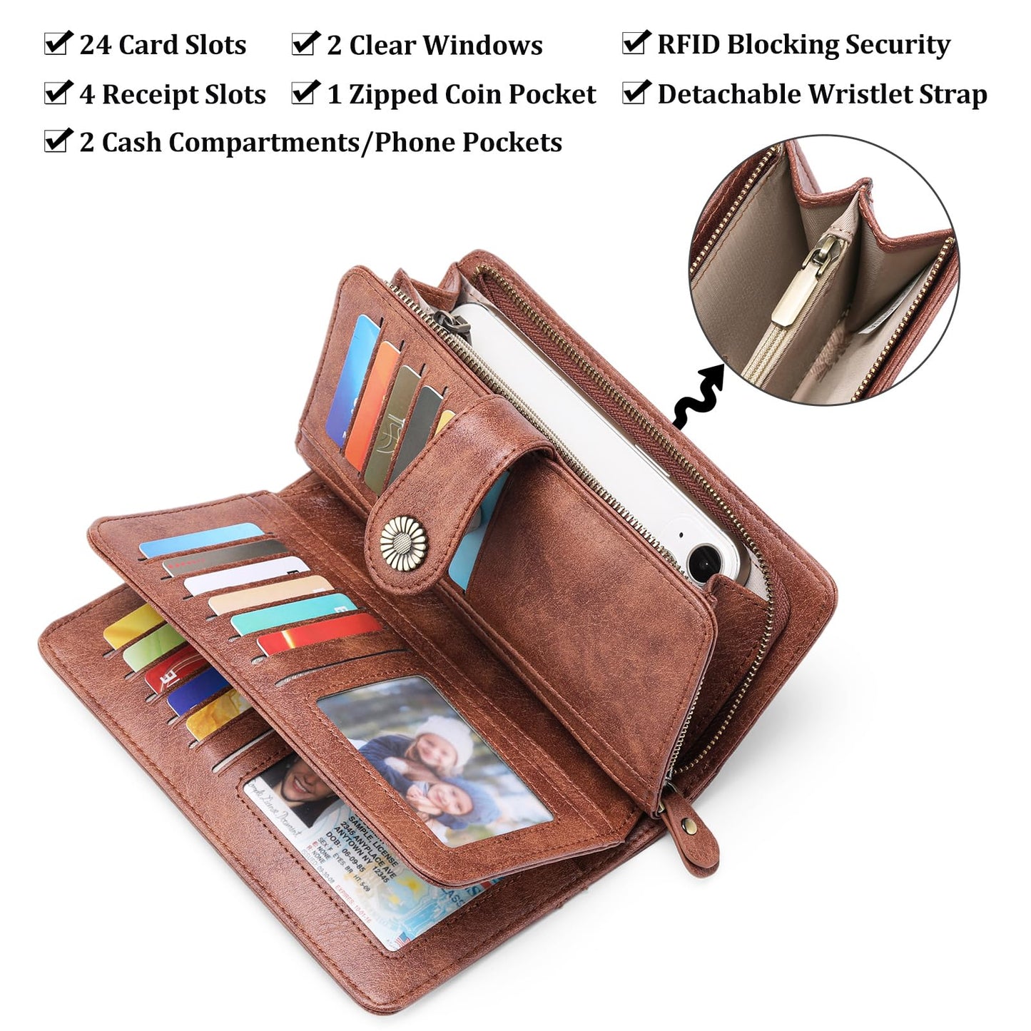 FALAN MULE Women's Wallet Leather RFID Blocking Large Capacity Trifold Ladies Wallet Wristlet Clutch Card Holder