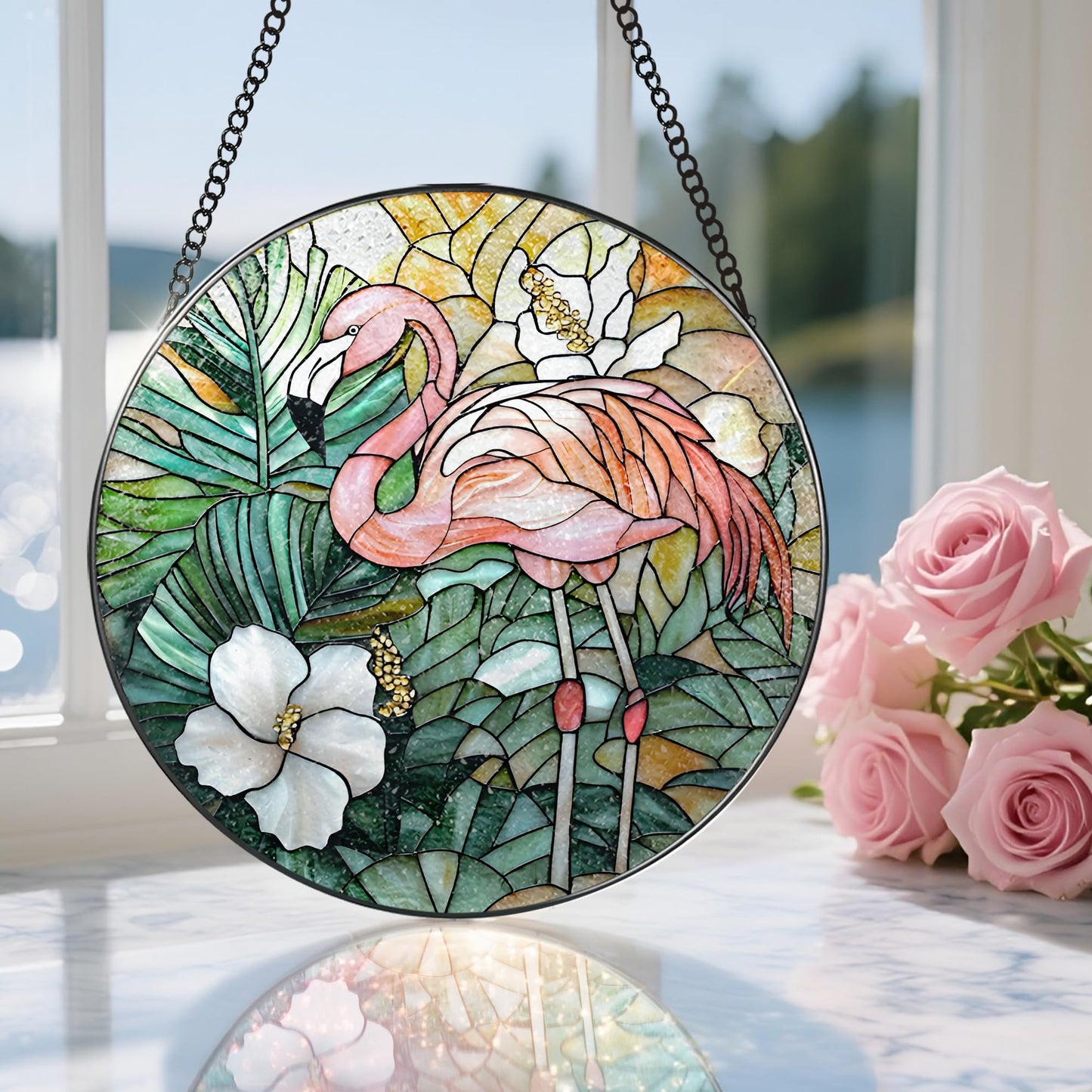 DOUHASU 8″ Stained Glass Window Hanging Ornament, Flamingo Stained Glass Suncatcher Ornament, Sun-Catcher Window Decor | Housewarming & Birthday Gifts, Festival Gift | Gifts for Flamingo Lovers