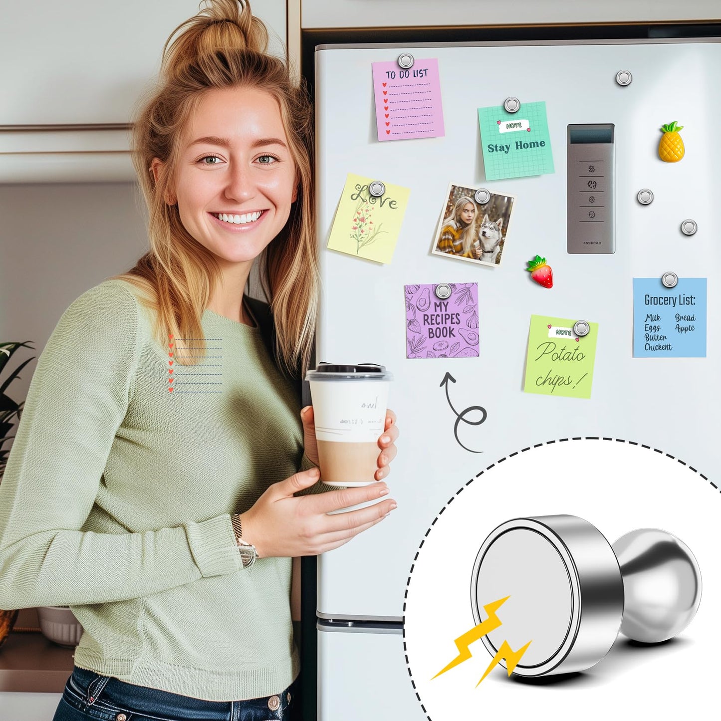 FINDMAG Fridge Magnets, Strong Neodymium Magnets Refrigerator, Heavy Duty Locker Magnet for Adults, Cool Push Pins Magnet for Kitchen, Office, Whiteboard, Classroom Organization, 42 Pack (Silver)