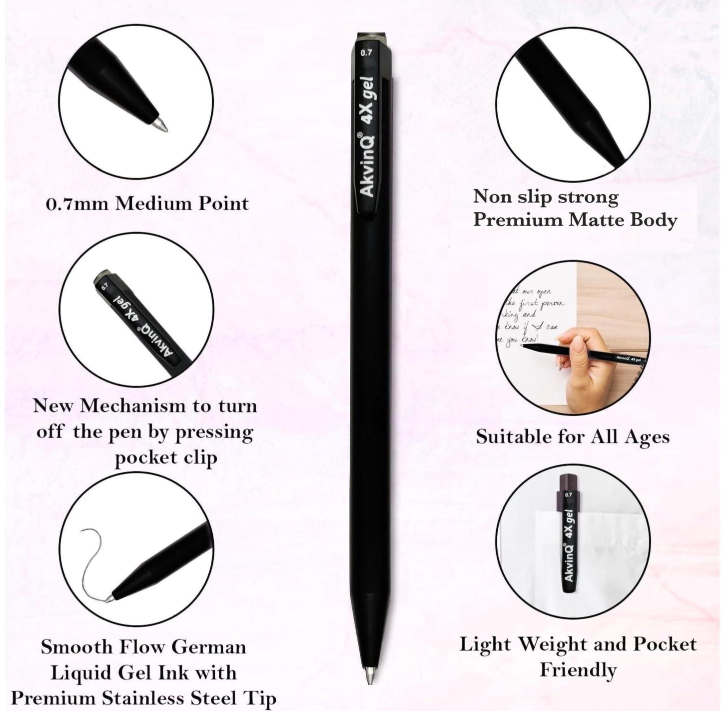 AKVINQ® 4X Gel Retractable Gel Pen | 0.7mm Medium Point | Black Gel Ink Pens | Pack of 36 Pens | Premium Matte Finish | Jumbo Refill | Bulk Pack for Journaling, Writing, Note-Taking, Office Supplies