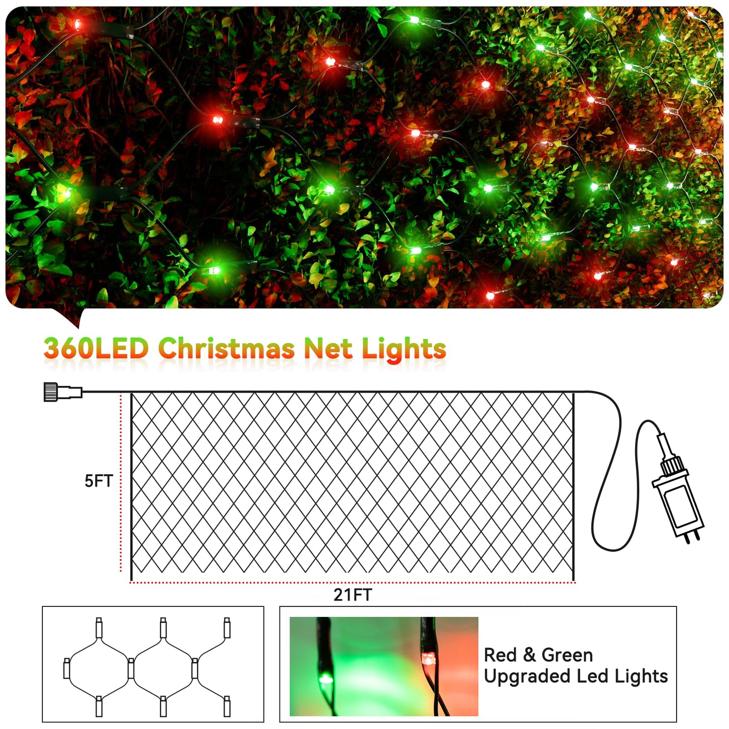 LitHome 21FT x 5FT Christmas Net Lights Outdoor, 360 LED Red Green Bush Lights with 8 Modes, Connectable Waterproof Net Mesh Light Dark Green Wire for Bushes Shrubs Outdoor Christmas Holiday Decor