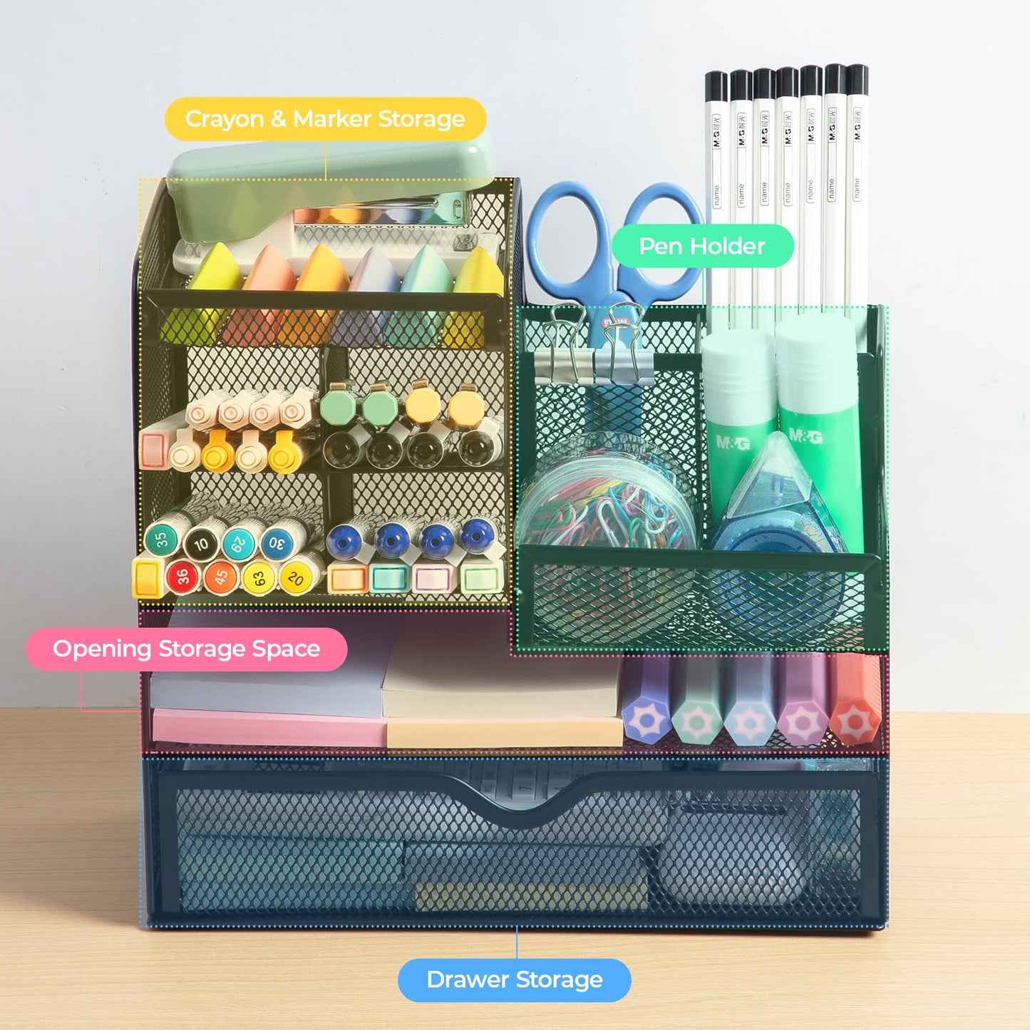 M&G Mesh Pen Holder for Desk, Multi-Functional Pencil Holder with Drawer Desk Organizer, Large Capacity Office Desk organizers and Accessories (Black)