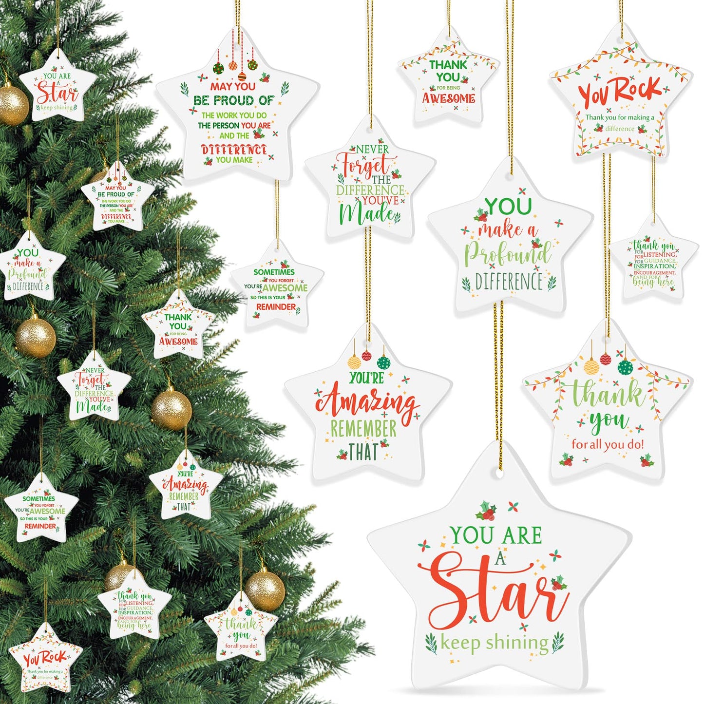 Tioncy 20 Pcs Christmas Thank You Ornament Gifts for Coworkers Employee Appreciation Gifts Thank You for Being Awesome Star Hanging Plaque for Teacher Friend Office Xmas Tree Decoration (Ceramic)