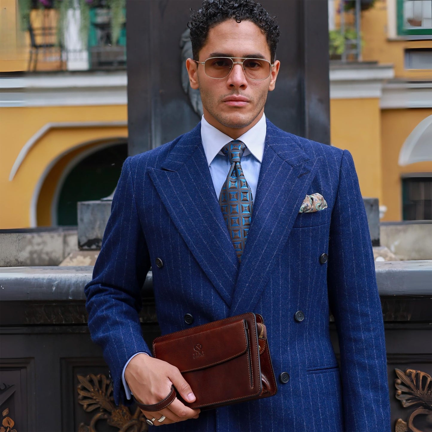 Time Resistance Leather Clutch for Men - Organizer Wrist Bag Briefcase - Handmade in Italy (Brown) - Gift Box Included