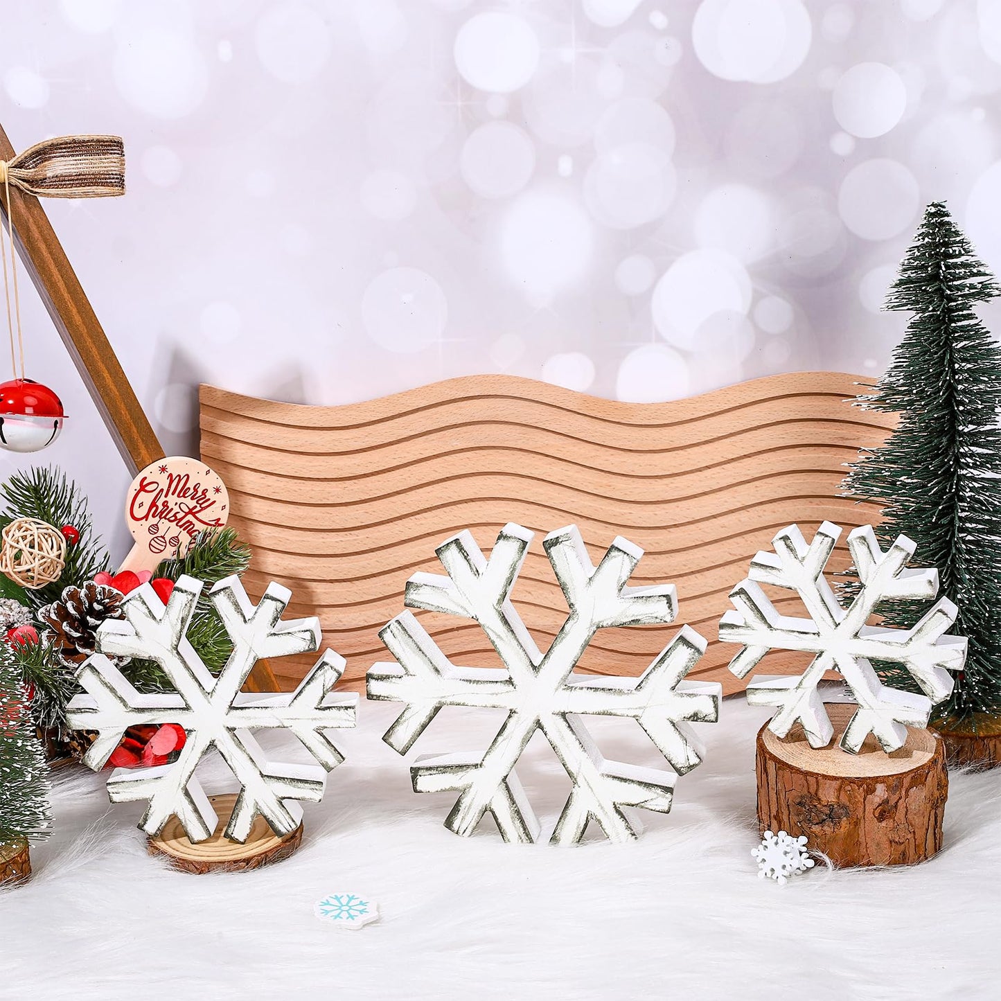 Whaline Winter Snowflake Wooden Table Decor Christmas Retro Snowflake Block Signs Tabletop Centerpiece 3 Sizes Farmhouse Snow Flake Tiered Tray Decor for Holiday Home Party Decor, 3Pcs