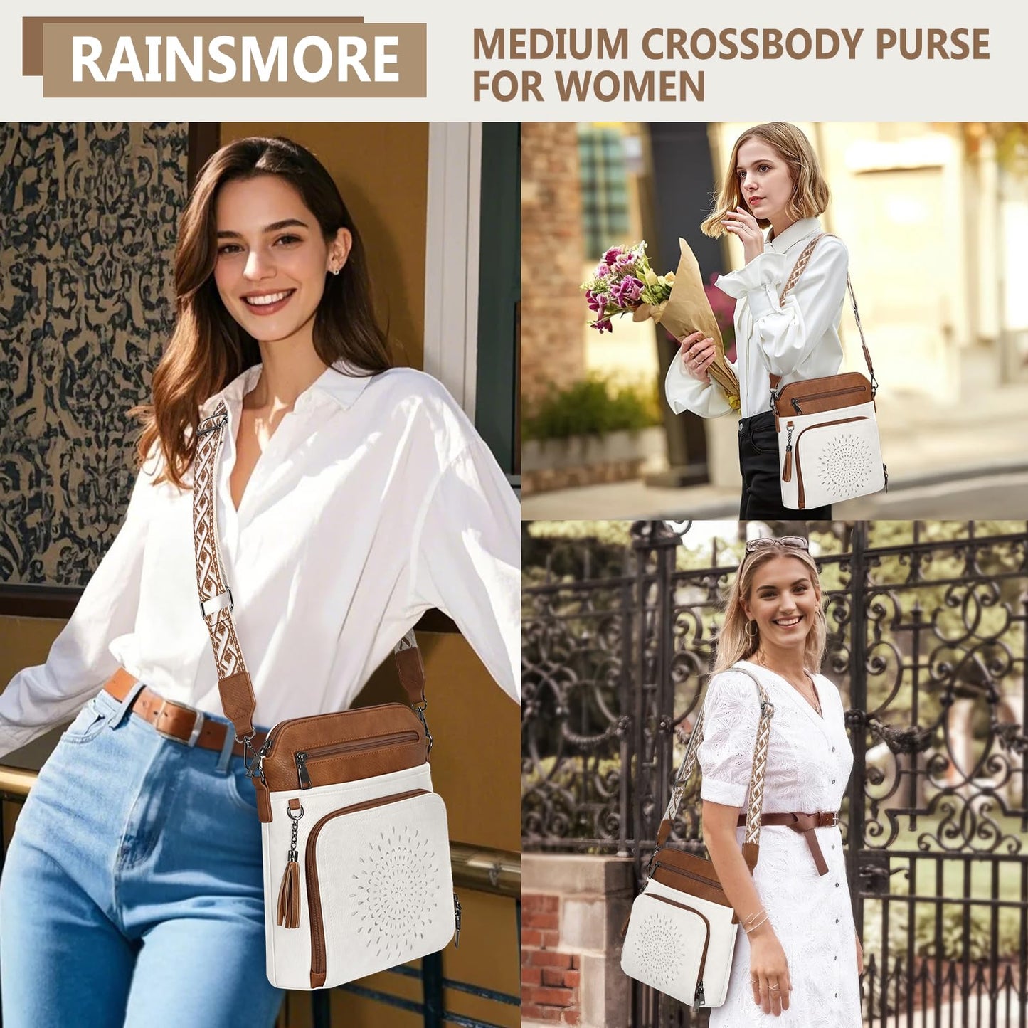 RAINSMORE Crossbody Bags for Women Leather Crossbody Purse Designer Womens Shouler Bags Handbags Trendy Medium Cross Body Purse Travel Work, white brown