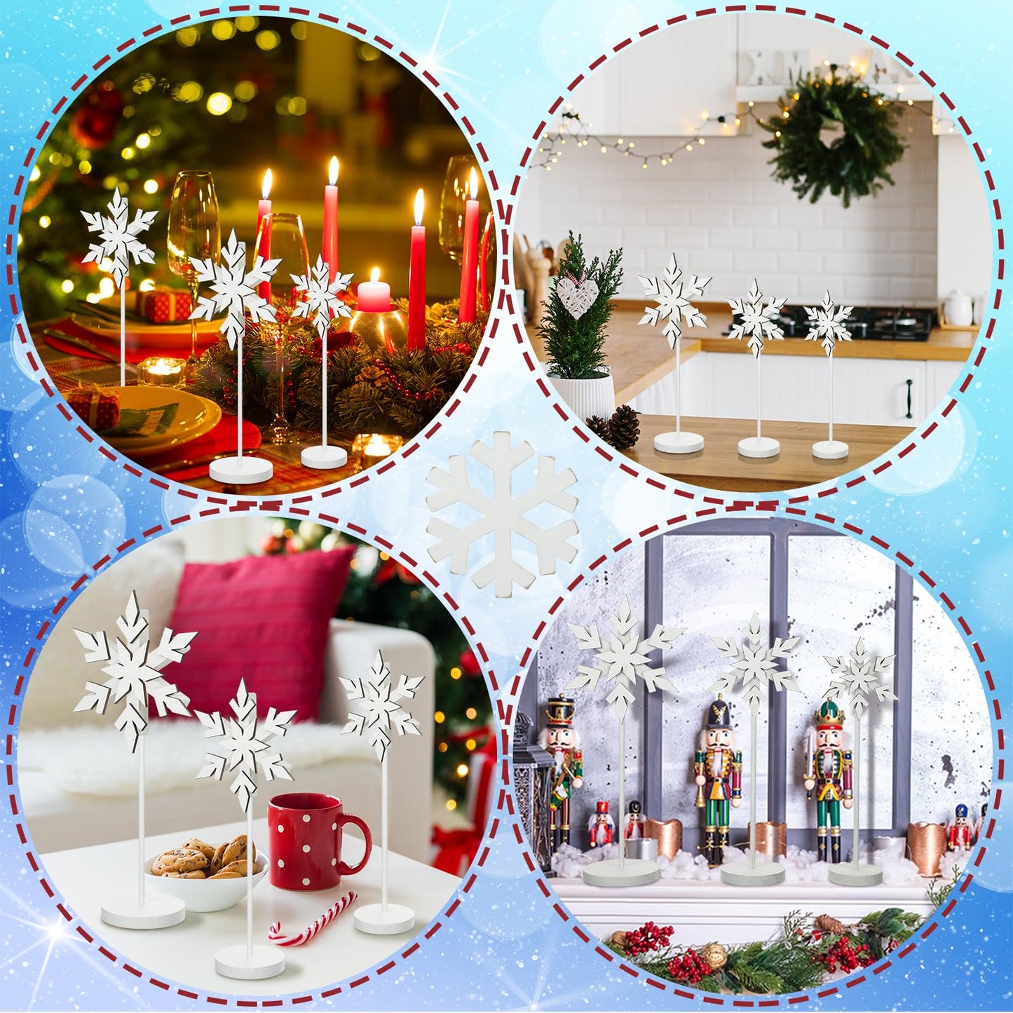 Soaoo 3 Pcs Winter Snowflake Decorations Wooden Snowflakes Table Centerpieces Tall Standing White Winter Snow Wonderland Wood Block Sign for Tabletop Shelf Mantel Home Tiered Tray Decor(Fresh)