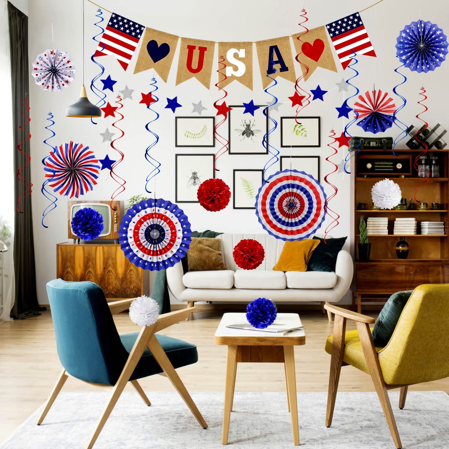 26Pcs Patriotic Decorations 4th of July Decorations LOVE USA Banner Red White Blue Paper Fans Star Streamer Pom Poms Hanging Swirls for Veterans Labor Presidents Flag Memorial Day