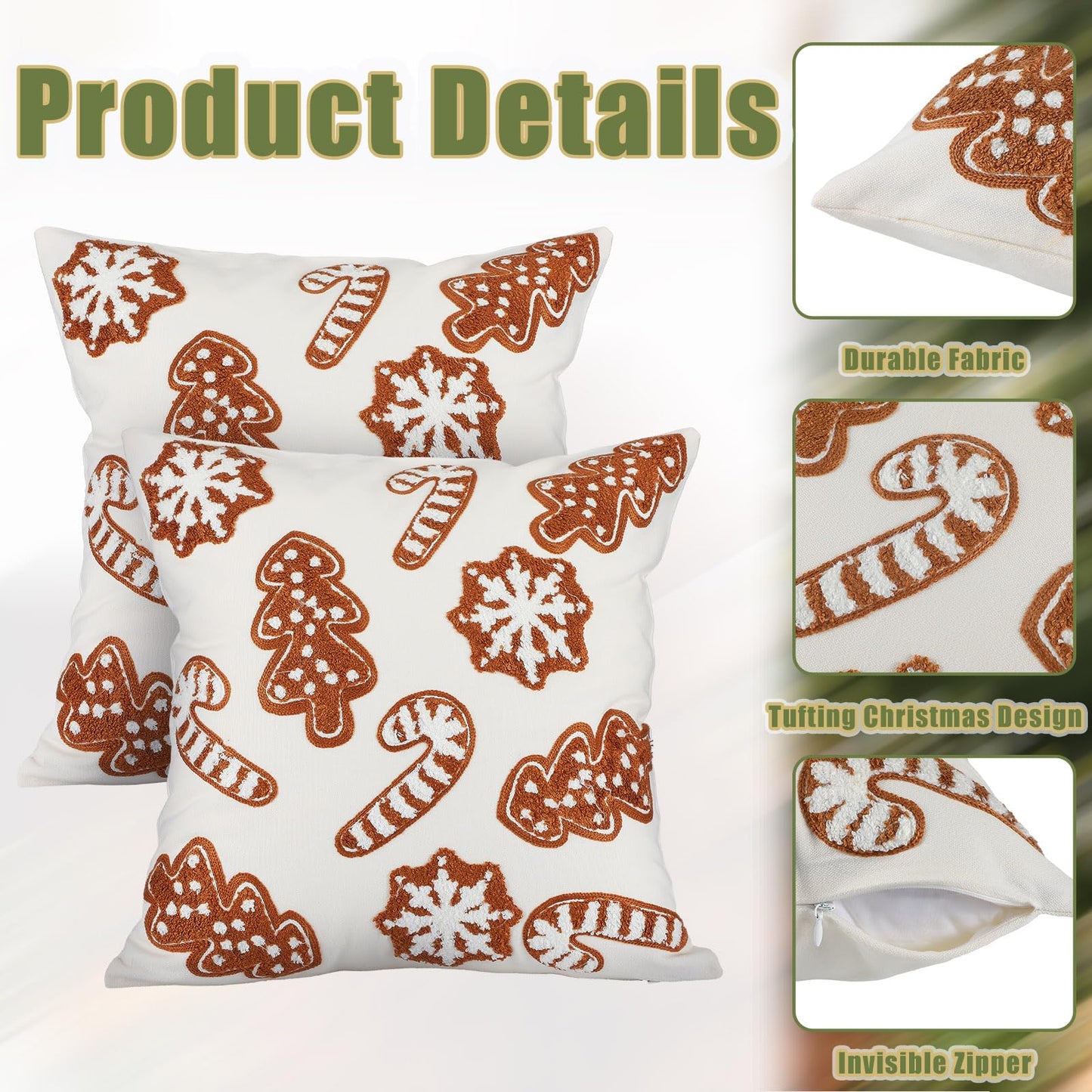 VitalCozy 2 Pcs Gingerbread Christmas Throw Pillow Covers 18'' x 18'' Plush 3D Embroidery Gingerbread Man Pillowcases for Xmas Winter Indoor Outdoor Couch Sofa Cushion Decorations