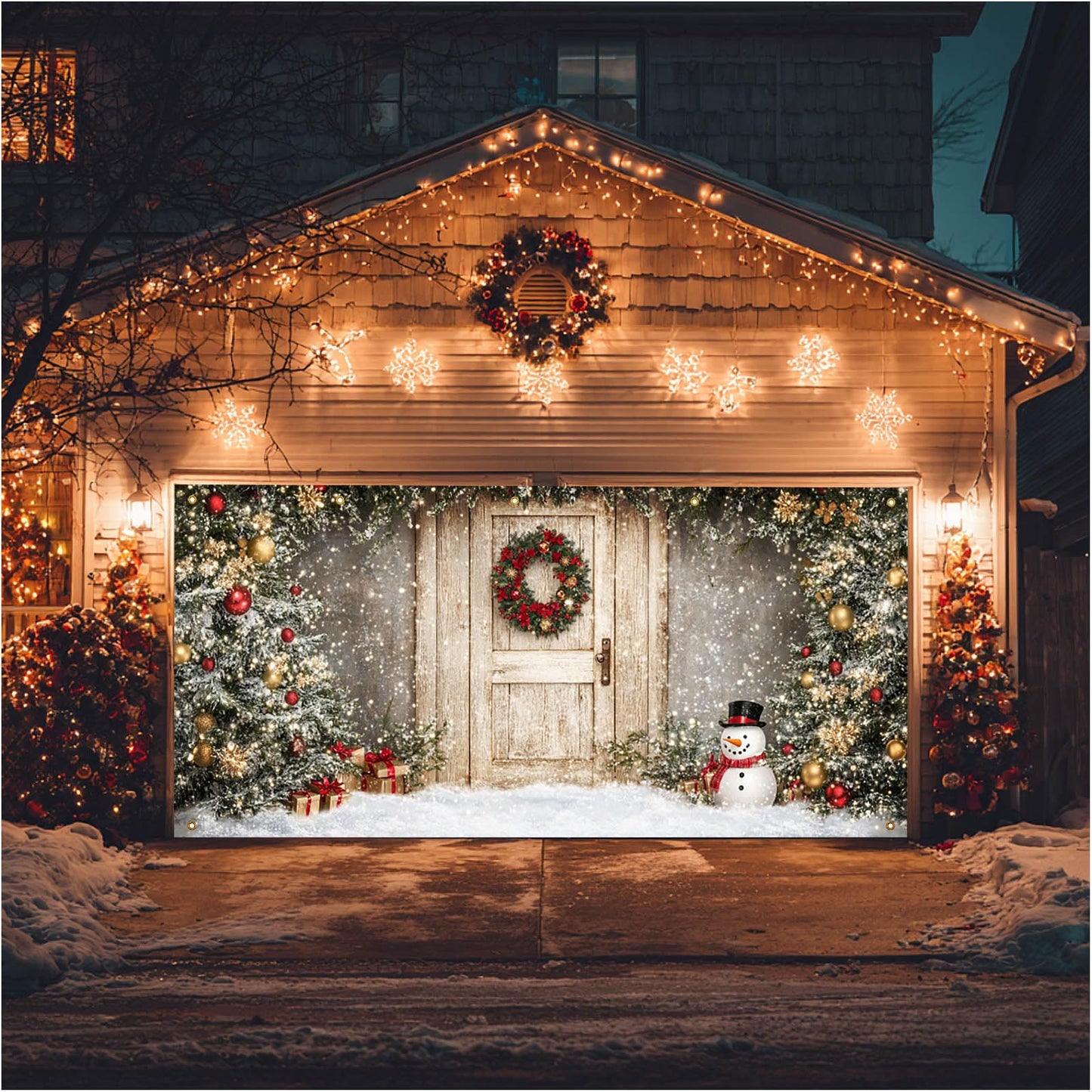 HOMETITUTE Christmas Garage Entryway Banner 13x6ft Gray Wall with Wooden Entryway Decoration Featuring Xmas Trees Snowman Gift BoxesSnowflakes and Lights for Outdoor Holiday Backdrop