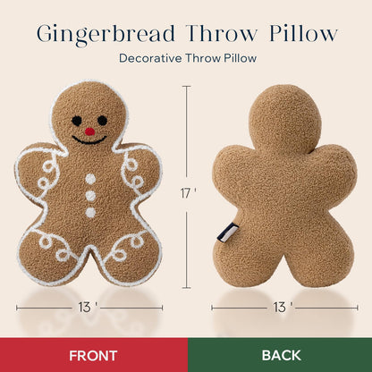Phantoscope Gingerbread Man Merry Christmas Throw Pillow, Plush Teddy Xmas Gingerbread Shaped Pillows Christmas Decorative Pillow for Couch Living Room Bed, Beige,13 x 17 inches