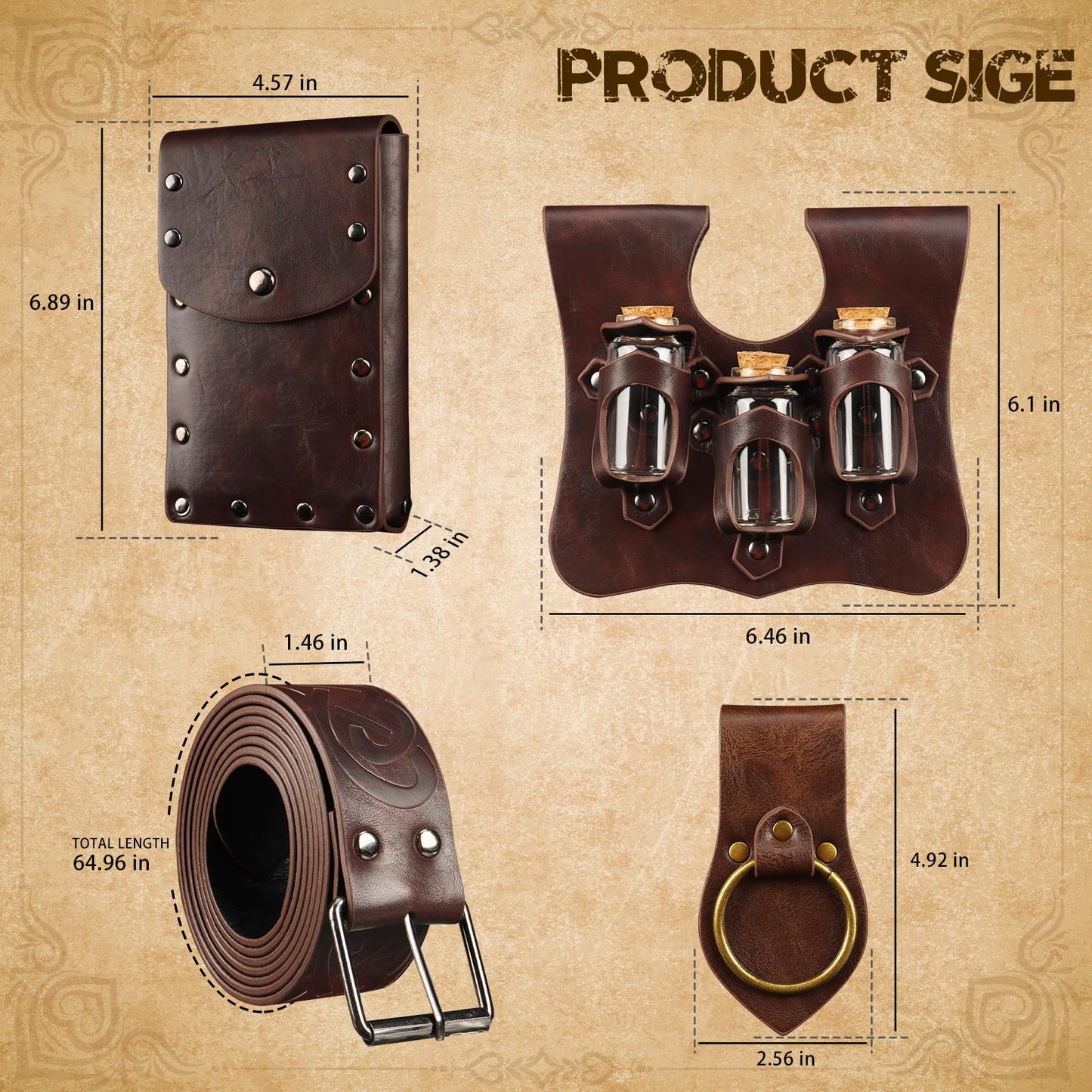 Renaissance Medieval Belt Viking Pouch Ren Faire Leather Potion Bottle Waist Bags Sword Holder Set for Knight Costume Cosplay