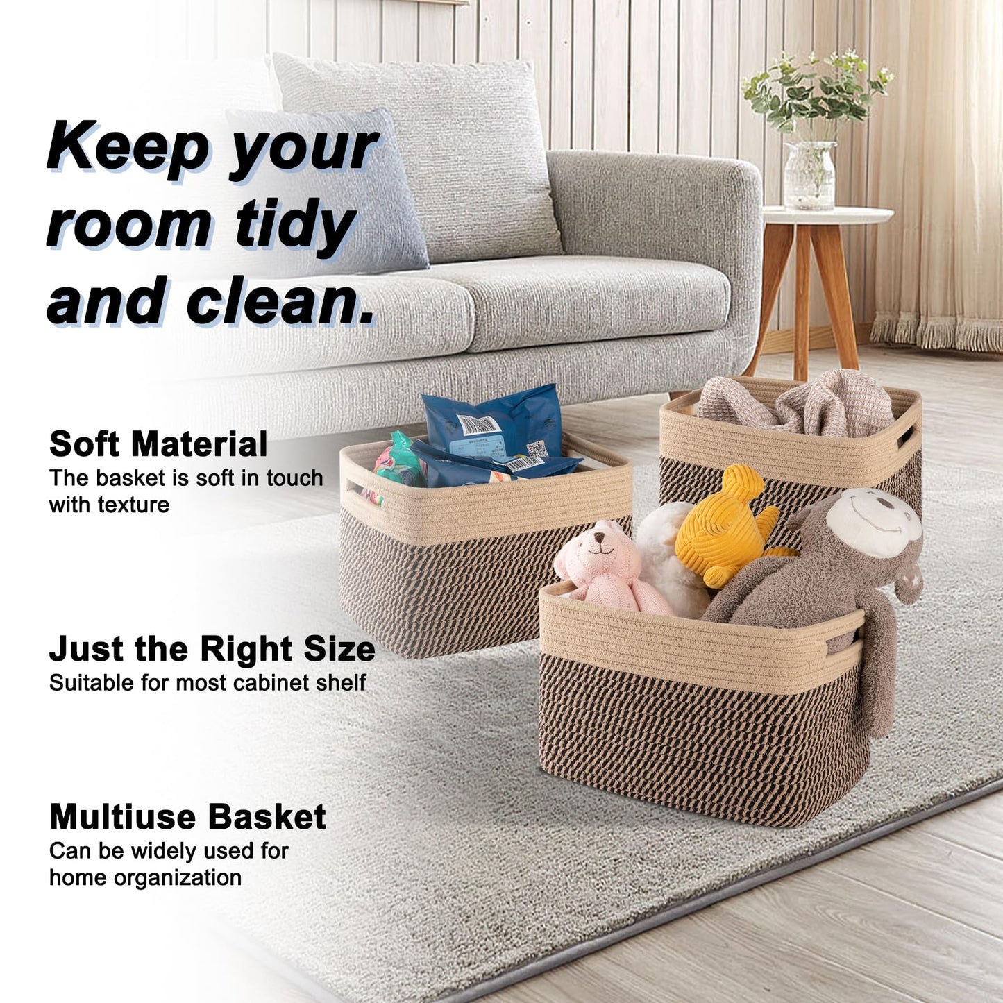 SIXDOVE 4 Pack Storage Baskets for Organizing, Woven Baskets for Shelves - Perfect for Toys, Books, Towels, and Clothes, Durable Gift Basket Bins Toy Storage, 12.7''L x9''W x7.8''H, Black and Brown