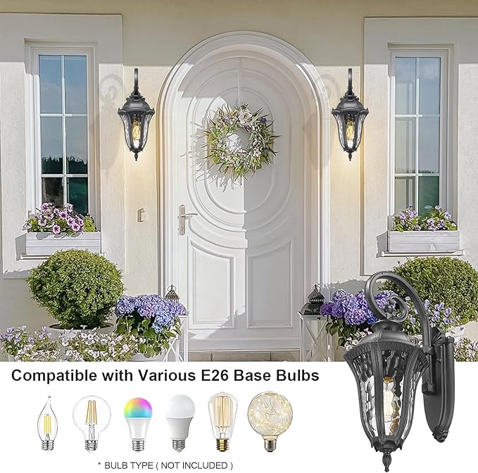 Outdoor Porch Lights Wall Mount, Outdoor Sconce Lighting Waterproof Exterior Porch Light Anti-Rust Aluminum Outside Latern with Water Ripple Glass for House Yard Hallway Doorway Patio