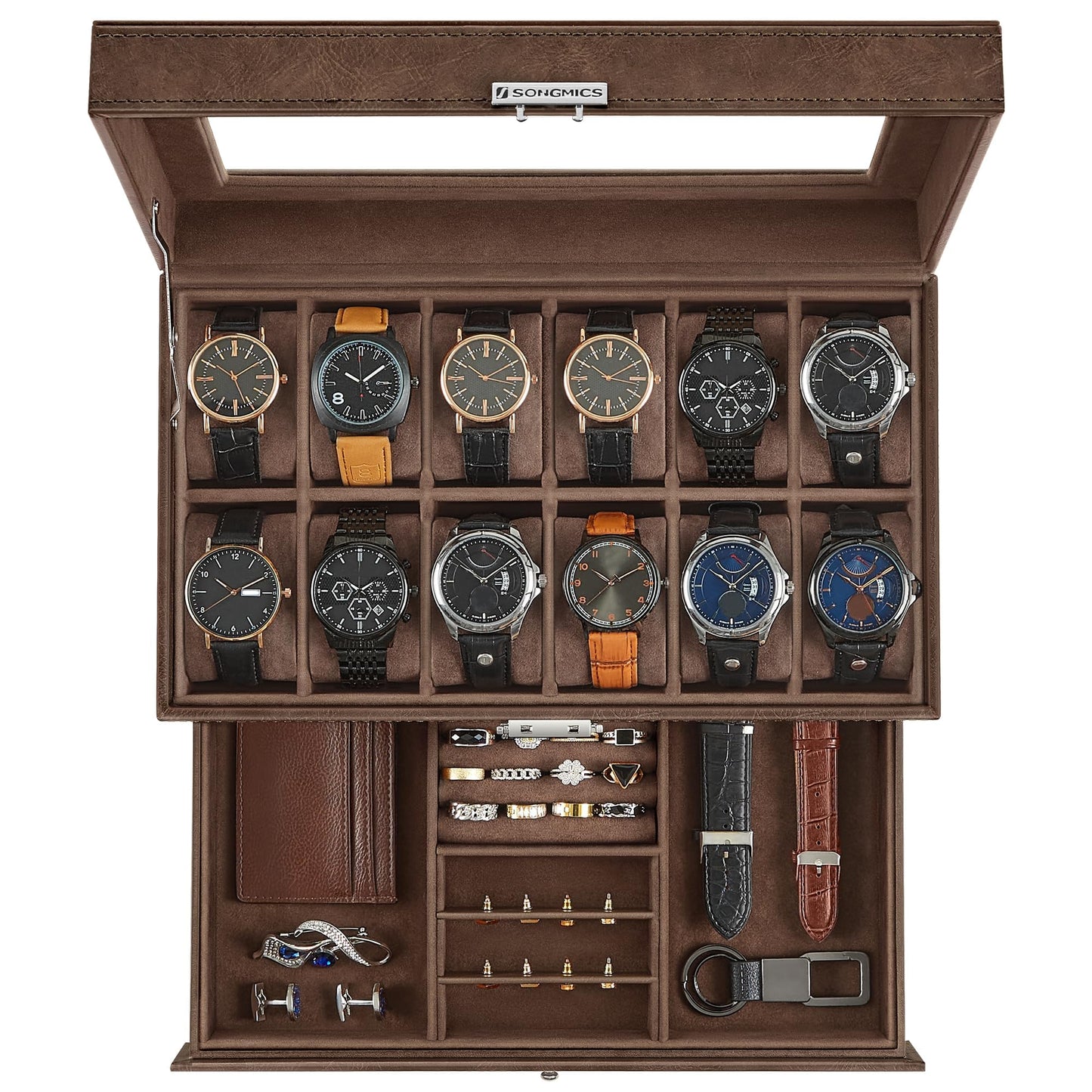 SONGMICS Watch Box, 12-Slot Watch Case Organizer with Large Glass Lid, 2 Layers, Removable Pillows, Metal Lock, Gift for Loved Ones, Brown Synthetic Leather, Brown Lining UJWB012K01