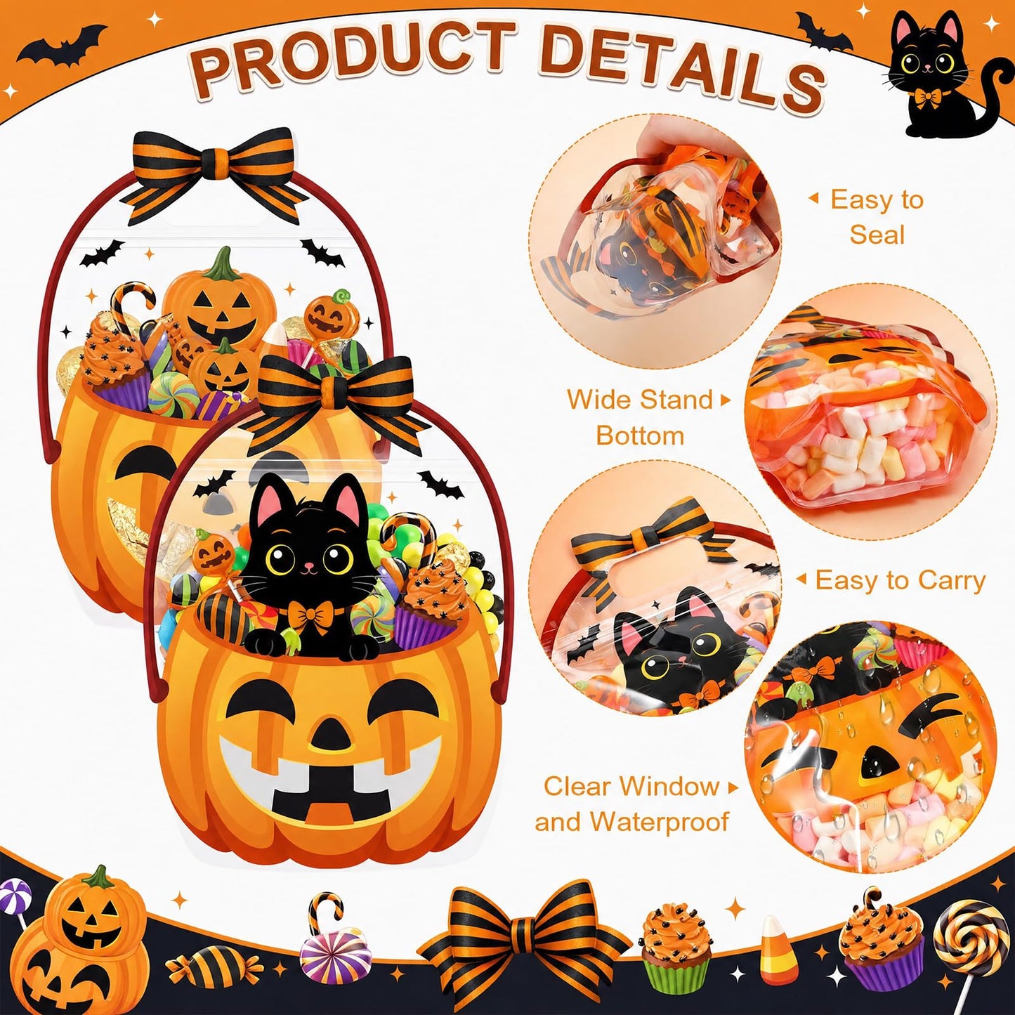 Fuutreo 50 Pcs Halloween Plastic Bags Clear Black Cat Pumpkin Sealed Gift Pouches with Handles Resealable Scary Holiday Favor Bags for Halloween Holiday Party Candy Gift Wrapping Supplies Decoration
