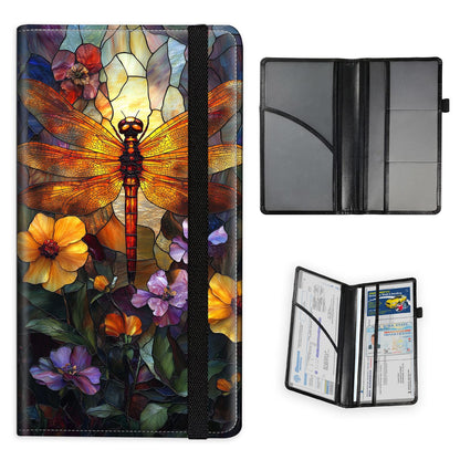 FXIANGWL Car Registration and Insurance Holder - RFID Blocking PU Leather Vehicle Document Organizer with Reinforced Stitched Edges, Slim Glove Box Wallet for Men Women, Dragonfly Stained Glass