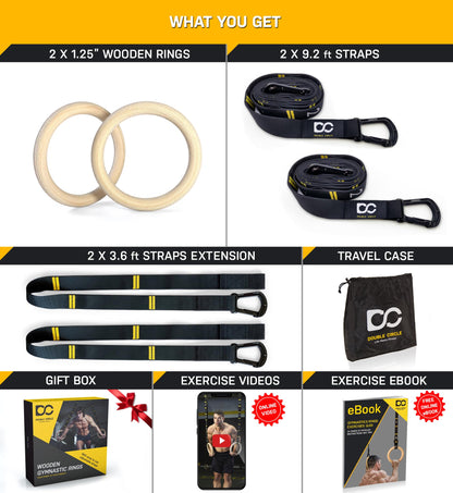 Double Circle Gymnastics Rings with Quick Adjust Numbered Straps and Exercise Videos Guide - Full Body Gym Rings - Calisthenics Rings Wooden Rings (Extended Straps)