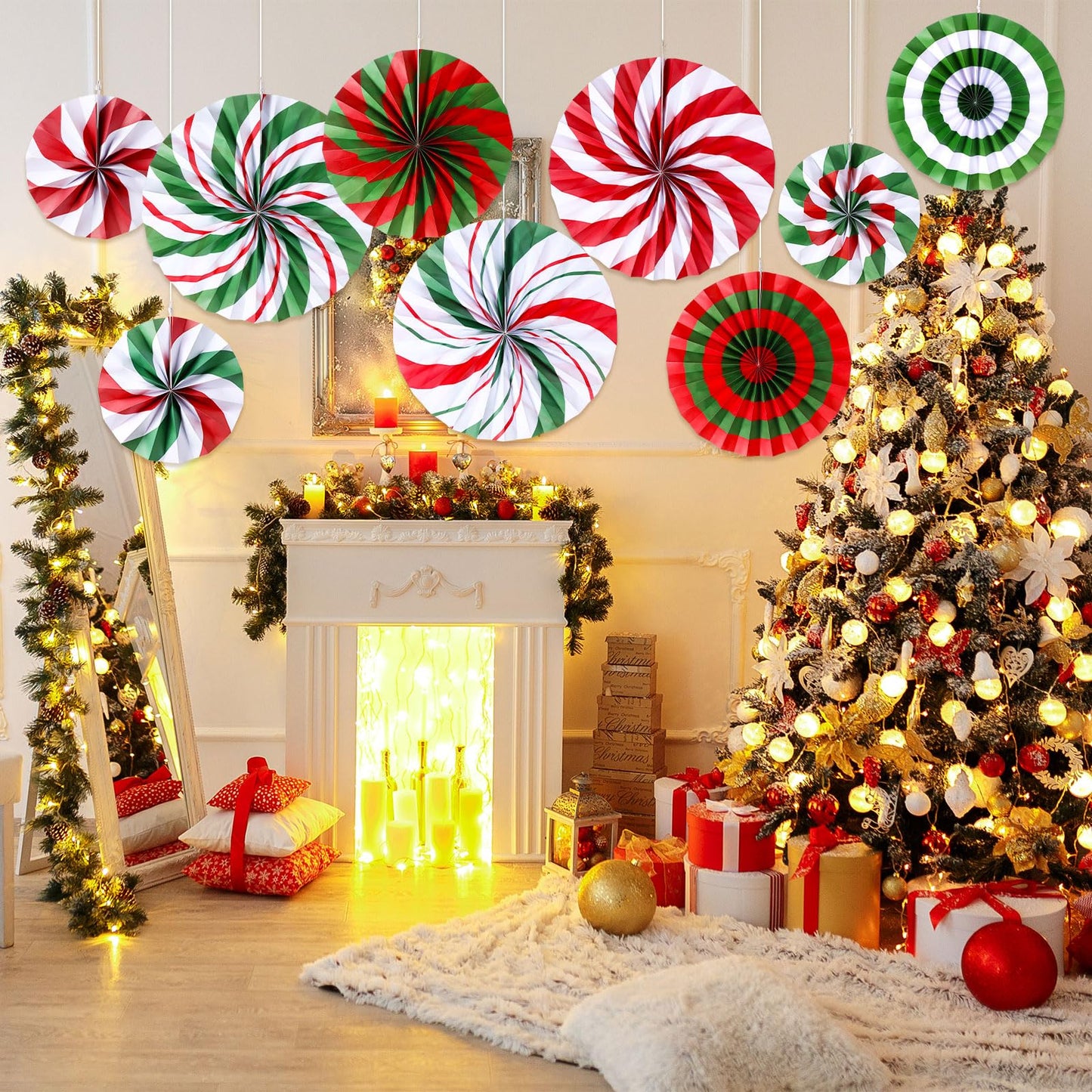 Outus Christmas Hanging Decorations Candy Paper Fans Peppermint Hanging Paper Fans Candy Cane Ceiling Wall Decor for Christmas Party Classroom Birthday Party(18 Pcs,Fresh)