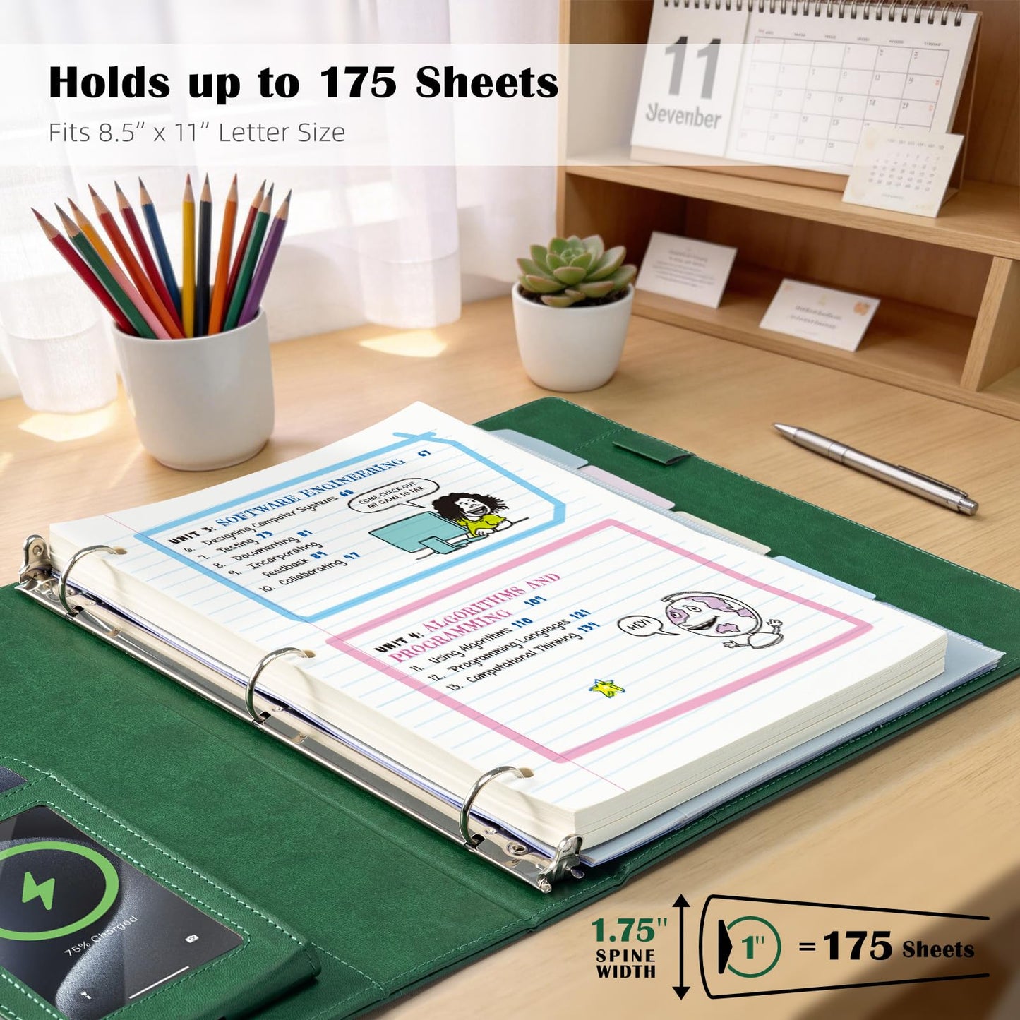 Ospelelf Green Leather 3 Ring Binder 1 Inch Round Ring, Magnetic Clipboard Folio with Storage Zipper Pouch, 5 Dividers with 10 Pockets, Professional Binder for School Office Nursing